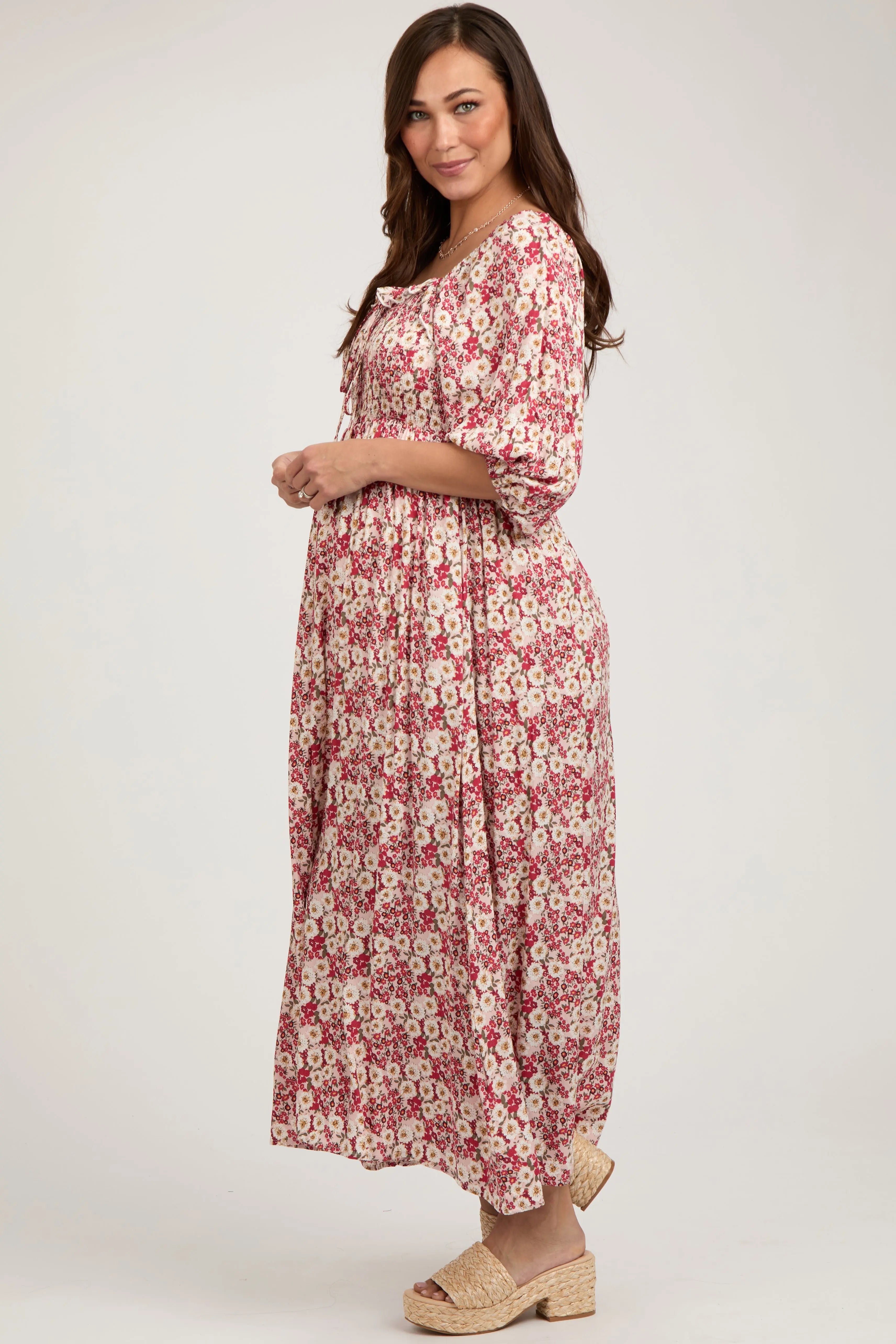 Red Abstract Floral Smocked Maternity Maxi Dress PinkBlush