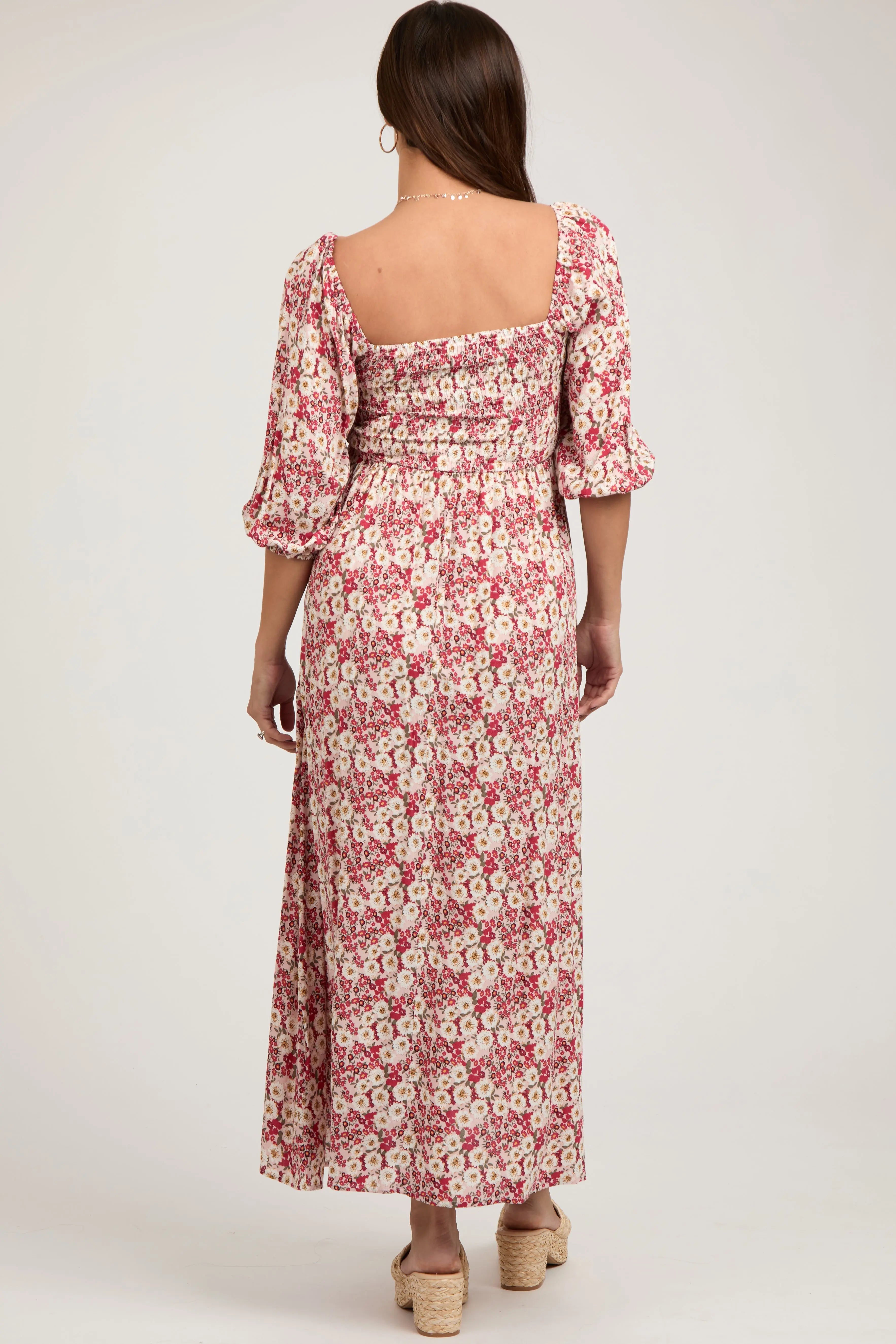Red Abstract Floral Smocked Maternity Maxi Dress PinkBlush