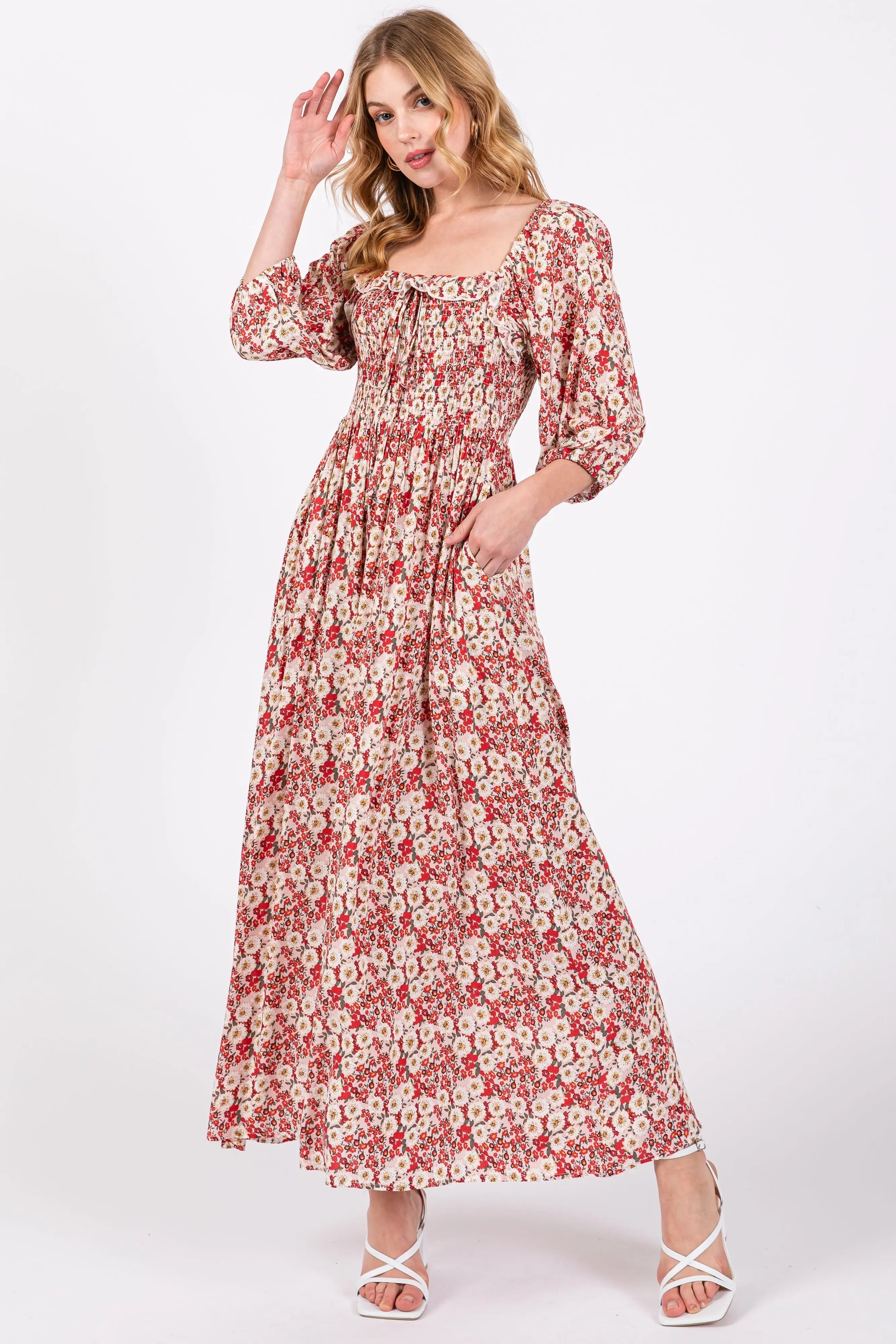 Red Abstract Floral Smocked Maternity Maxi Dress PinkBlush