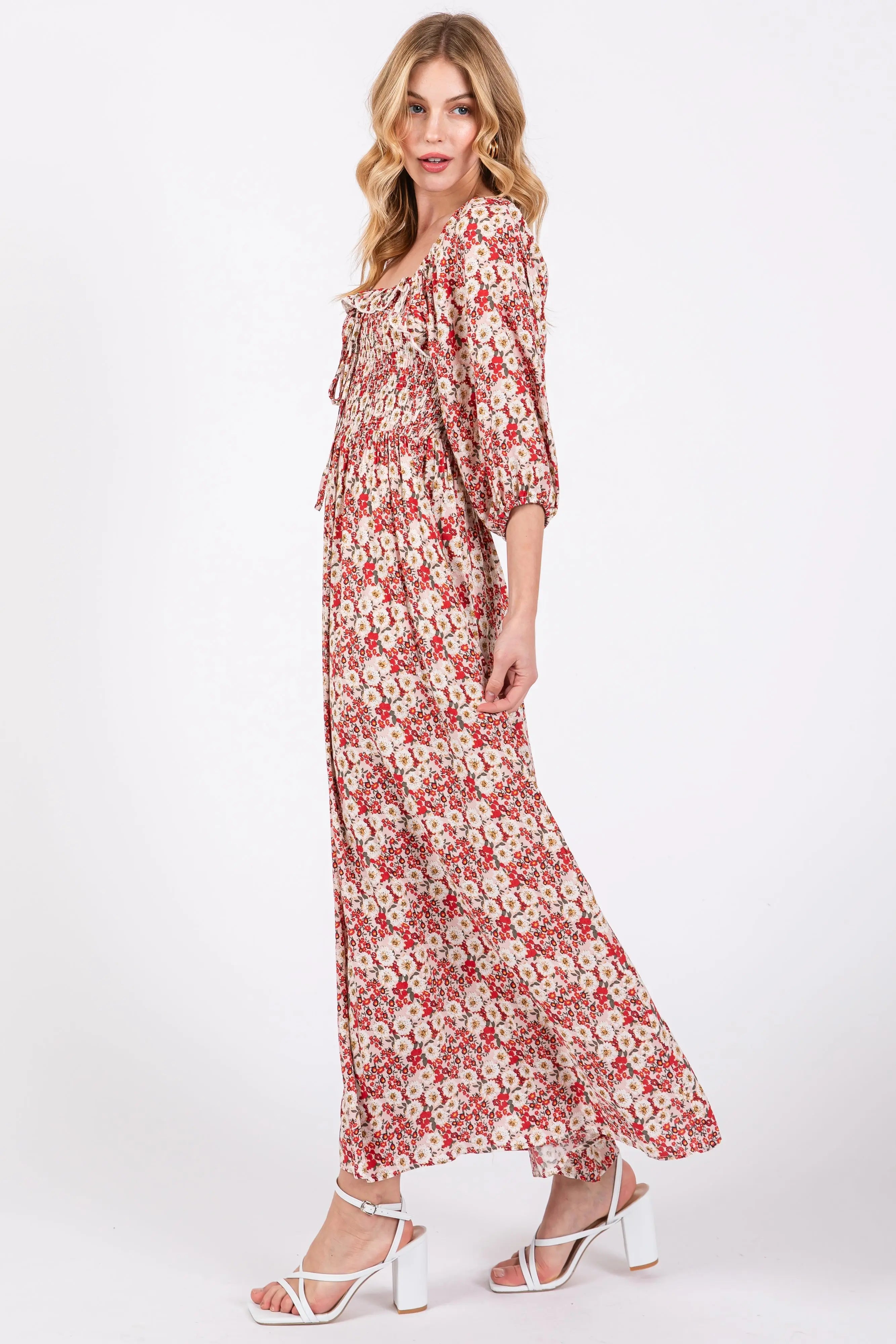 Red Floral Smocked Maxi Dress With Puff Sleeves And Pockets PinkBlush