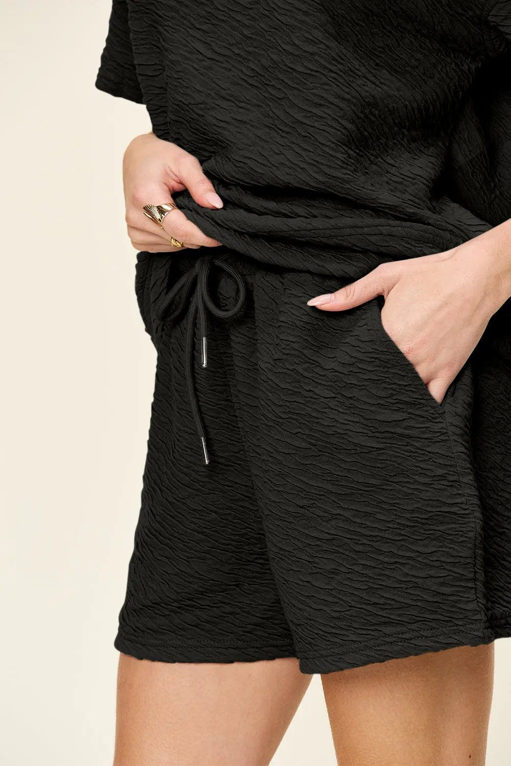 Double Take Full Size Texture Short Sleeve T-Shirt and Drawstring Shorts Set - Love Salve