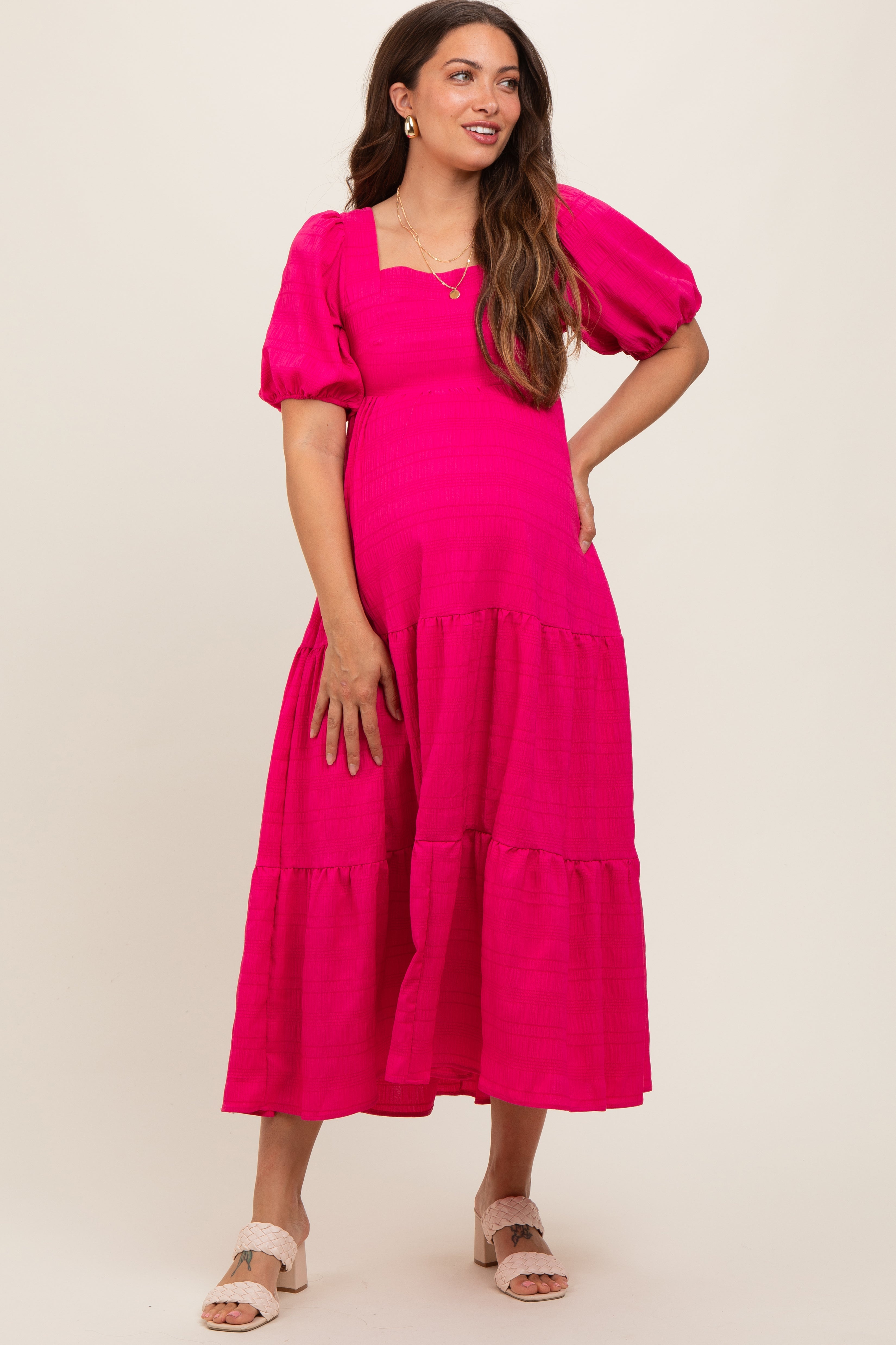 Fuchsia Textured Maternity Tiered Midi Dress PinkBlush
