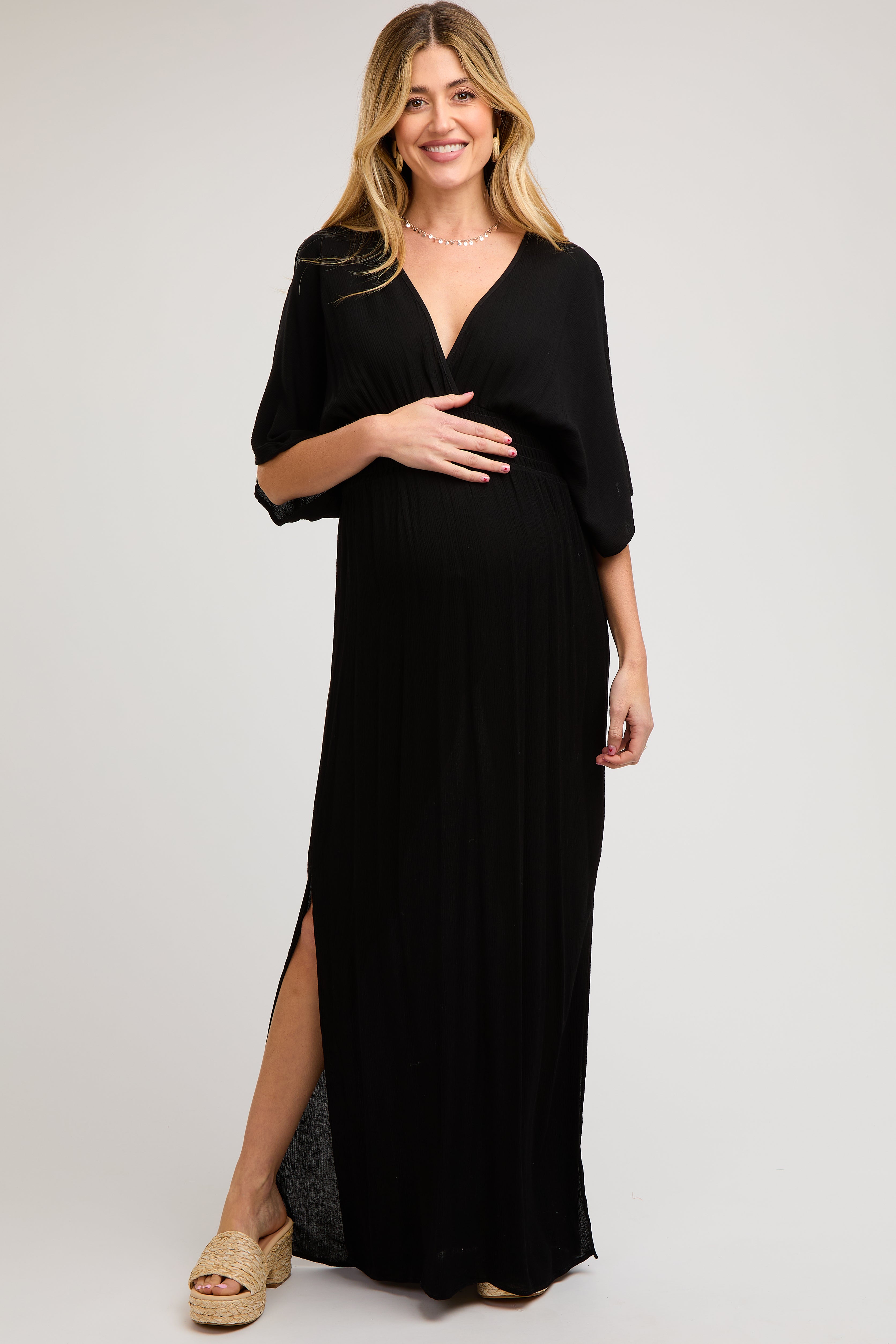 Black Lightweight Deep V-Neck Maternity Maxi Dress PinkBlush