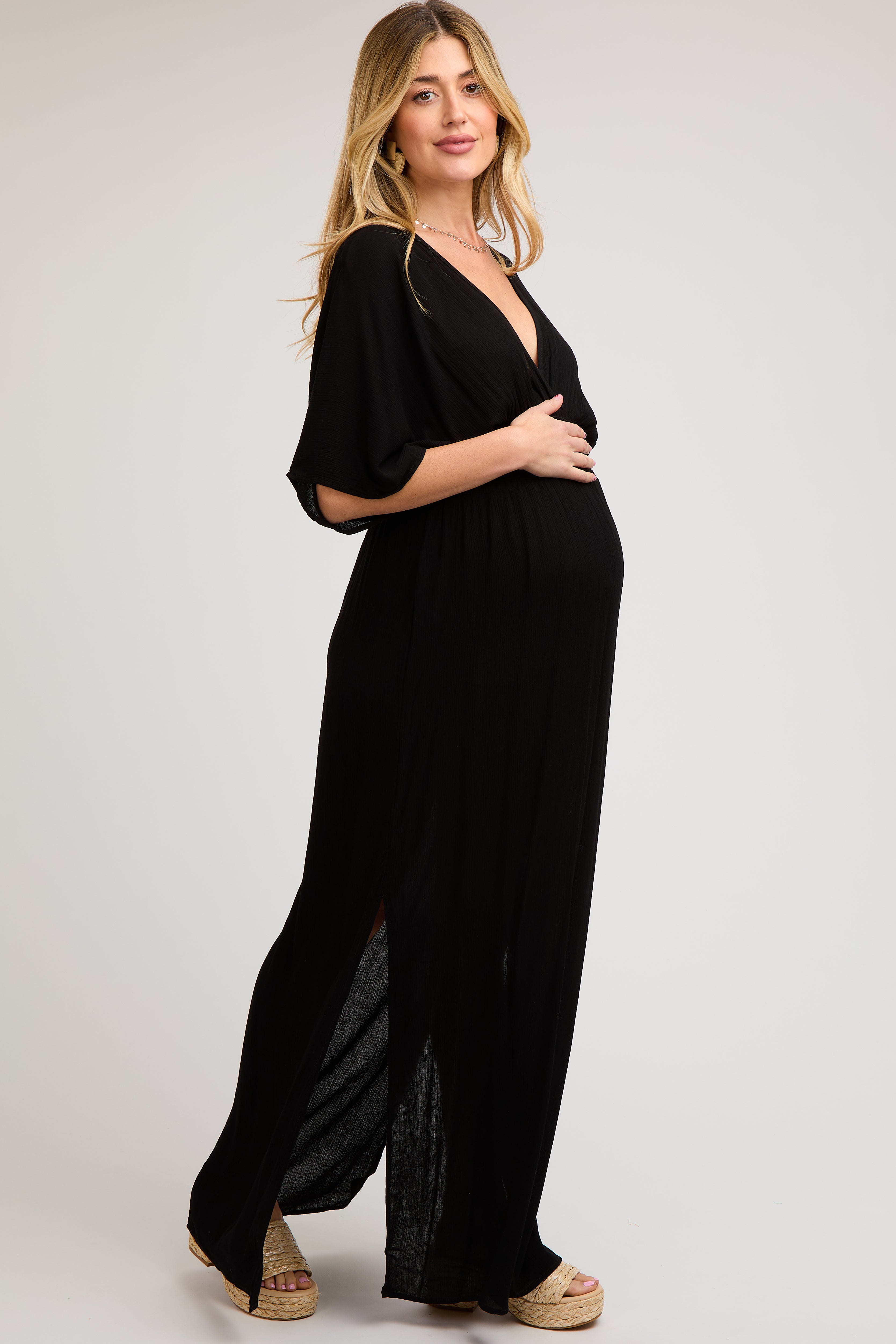 Black Lightweight Deep V-Neck Maternity Maxi Dress PinkBlush
