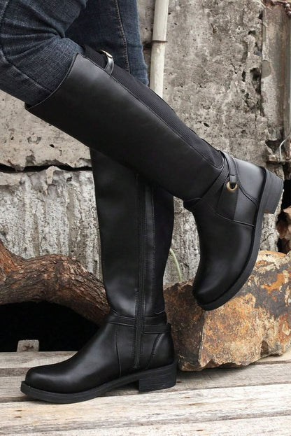 Chic Black Knee-High Faux Leather Boots with Side Zipper and Chunky Heel