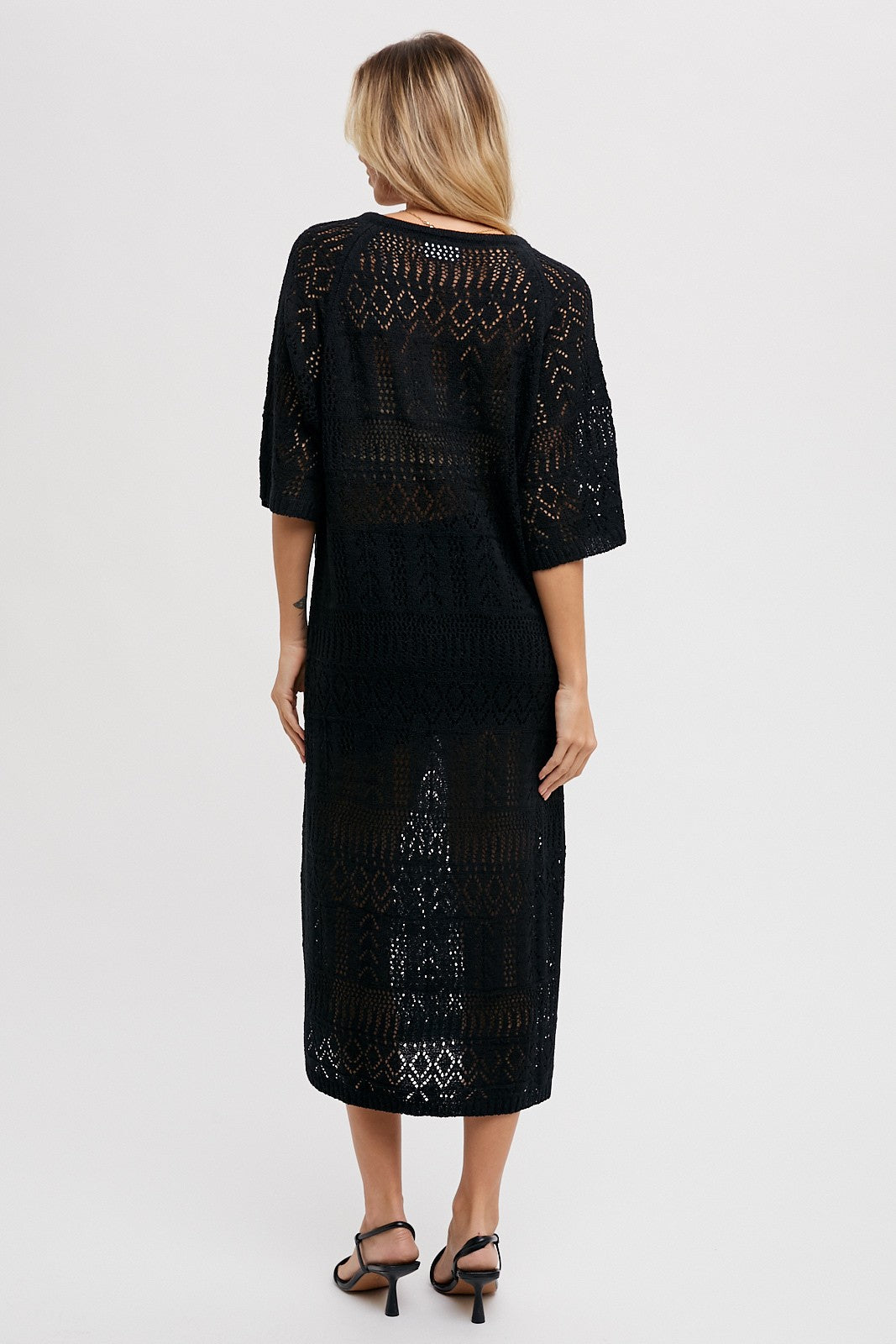 Black Open Knit Front Tie Side Slit Midi Swim Cover Up PinkBlush