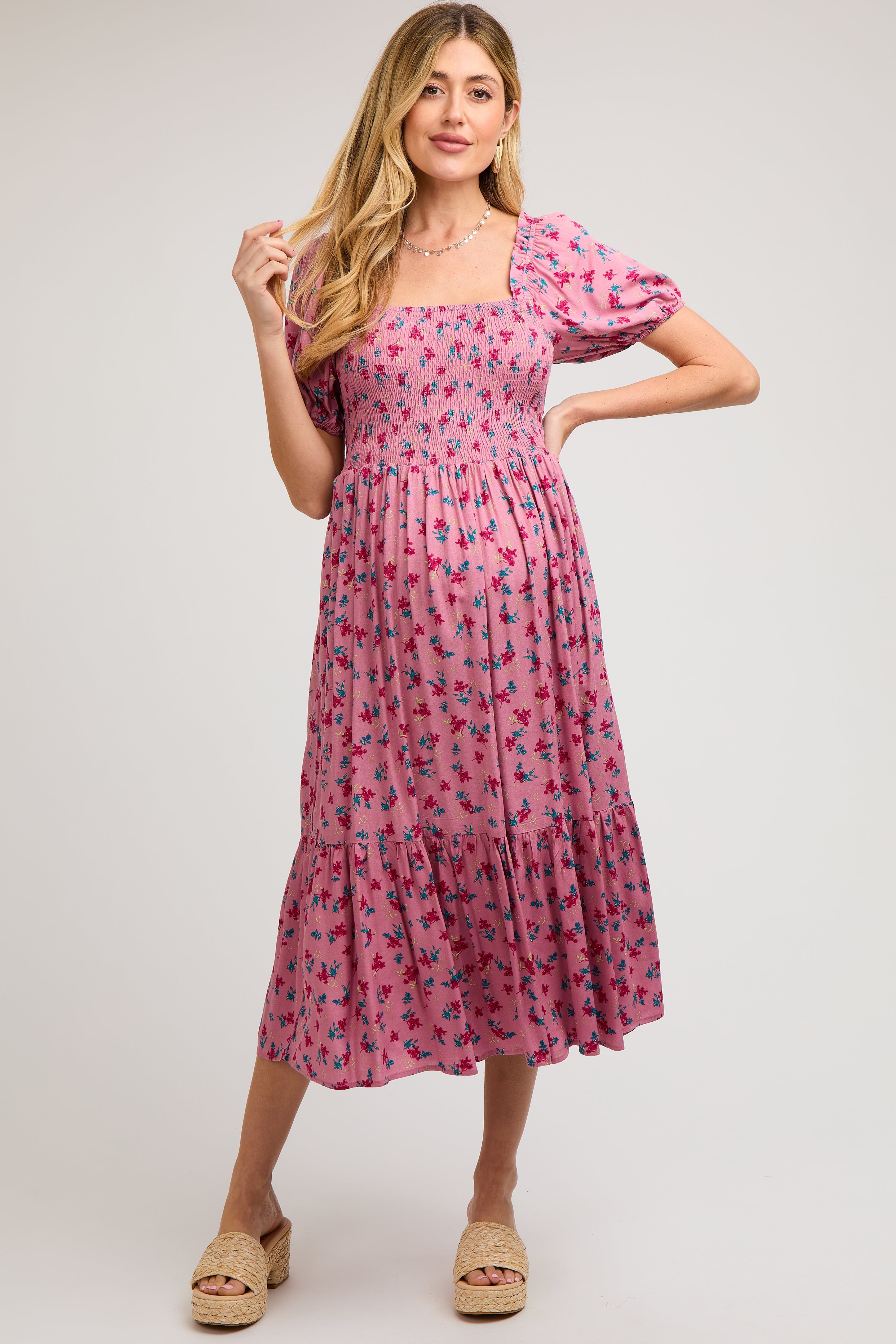 Pink Floral Smocked Short Sleeve Maternity Midi Dress PinkBlush