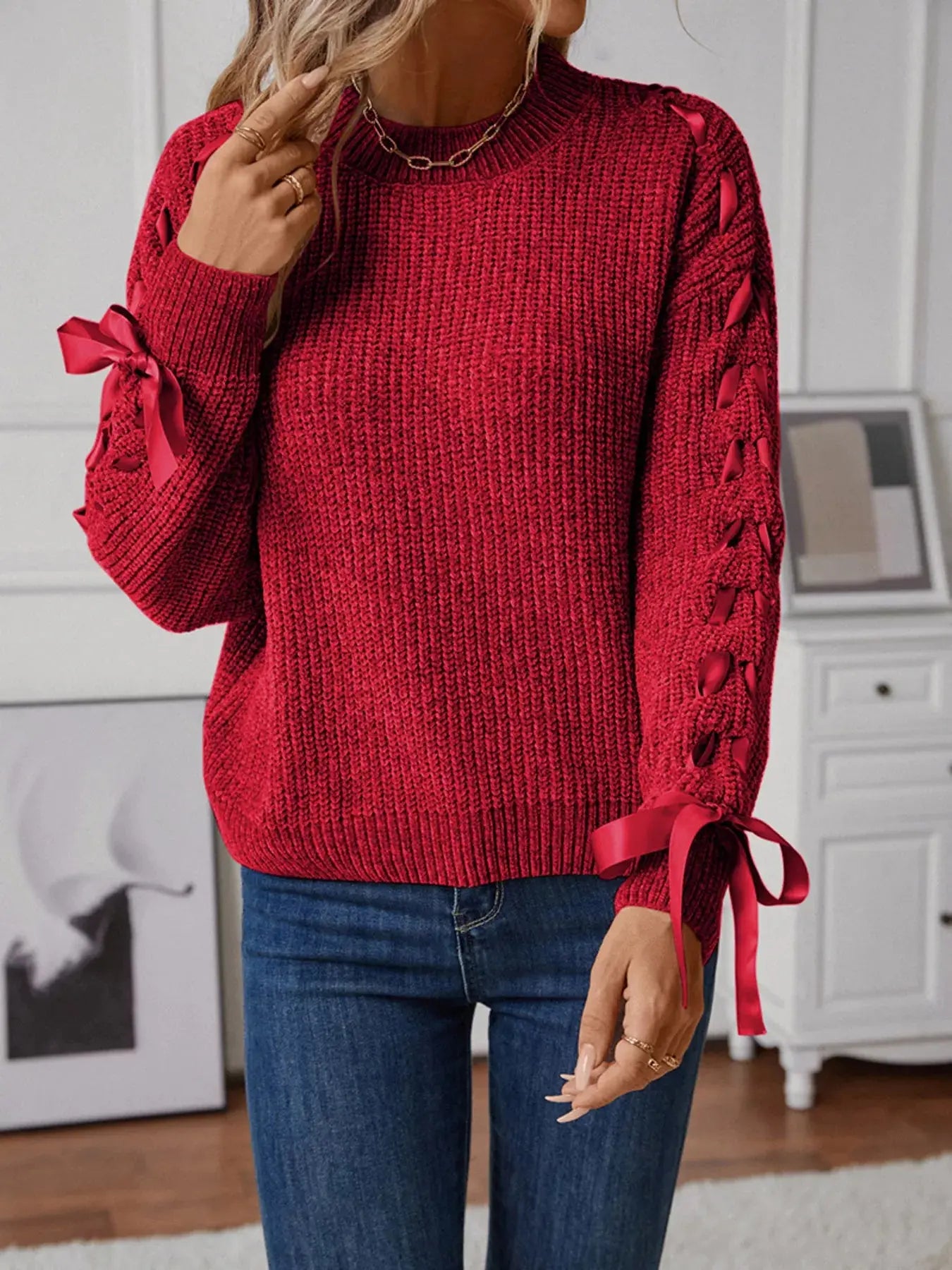 Ribbon-Tie Sleeve Round Neck Sweater Simply Love