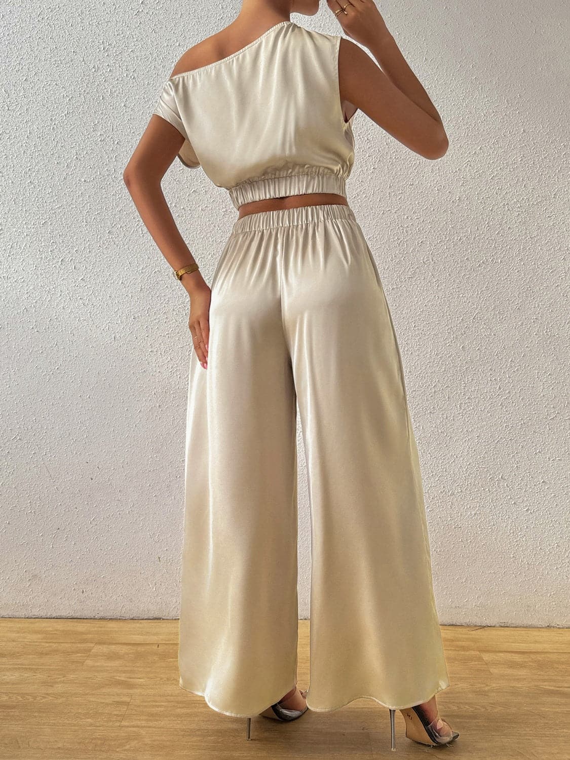 One Shoulder Short Sleeve Top and Wide Leg Pants Set.