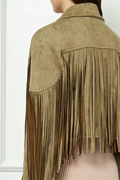 Veveret Suede Fringe Long Sleeve Moto Jacket.