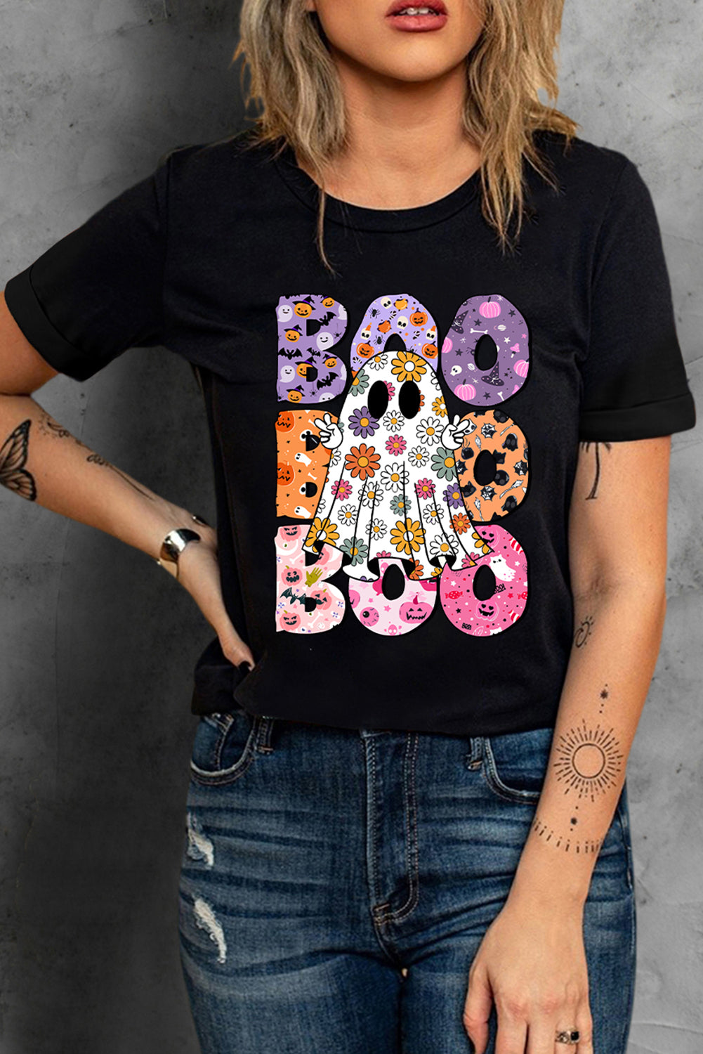 Floral ghost print Halloween t-shirt with playful BOO lettering