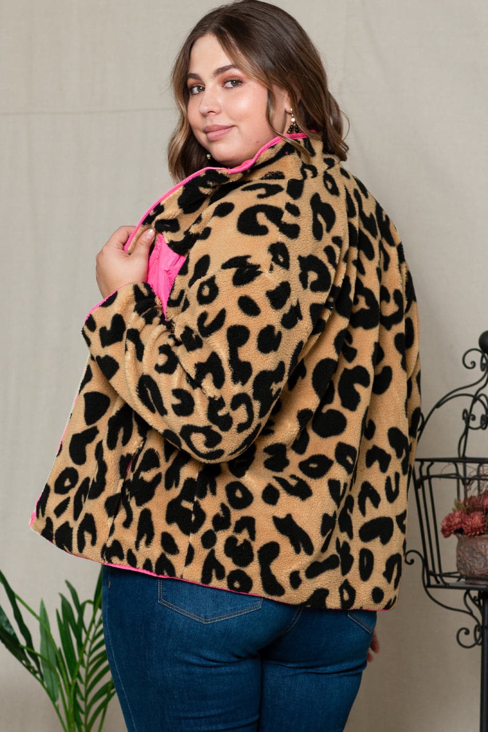 Plus Size Leopard Zip Up Jacket with Pockets.