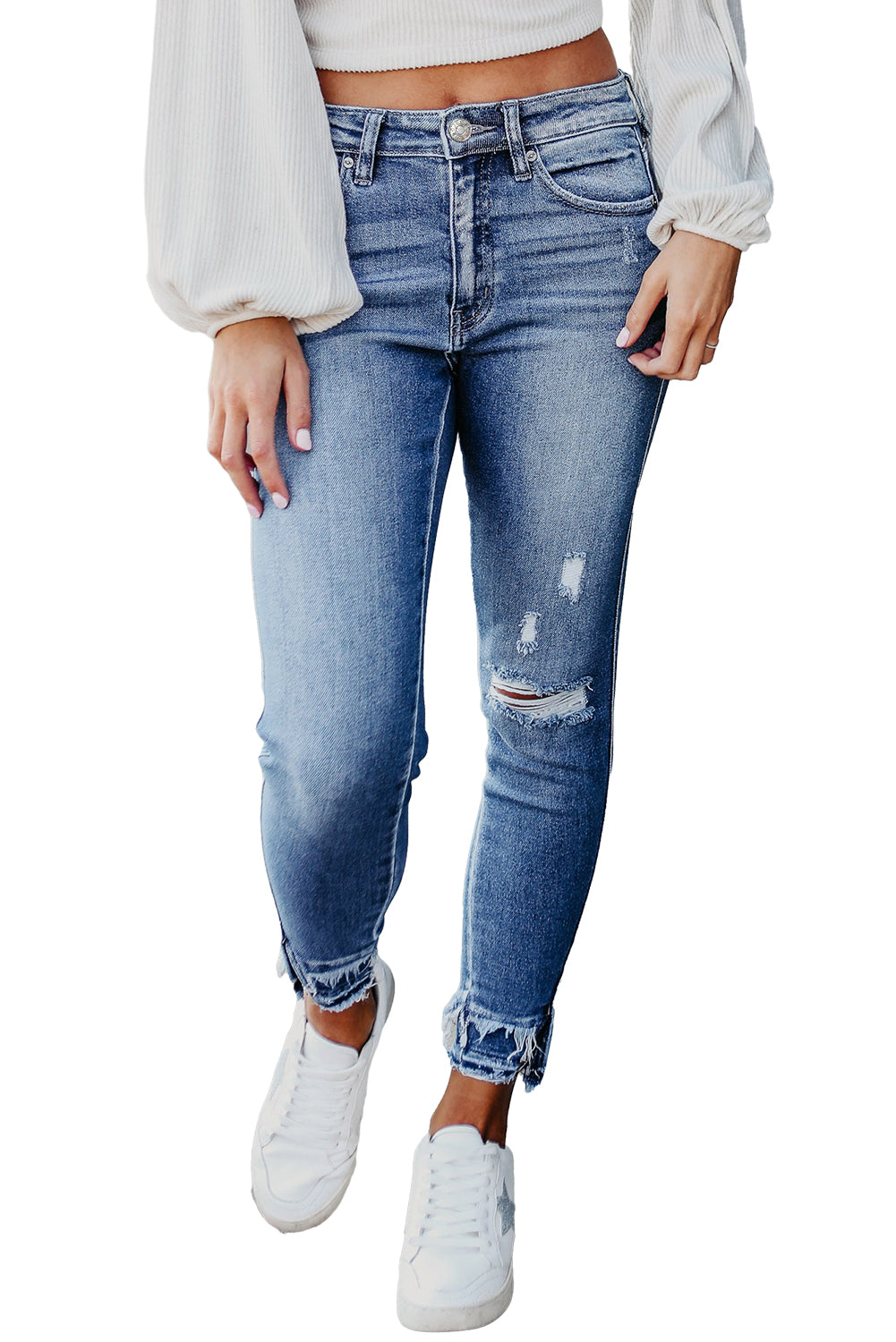 Light blue distressed skinny jeans