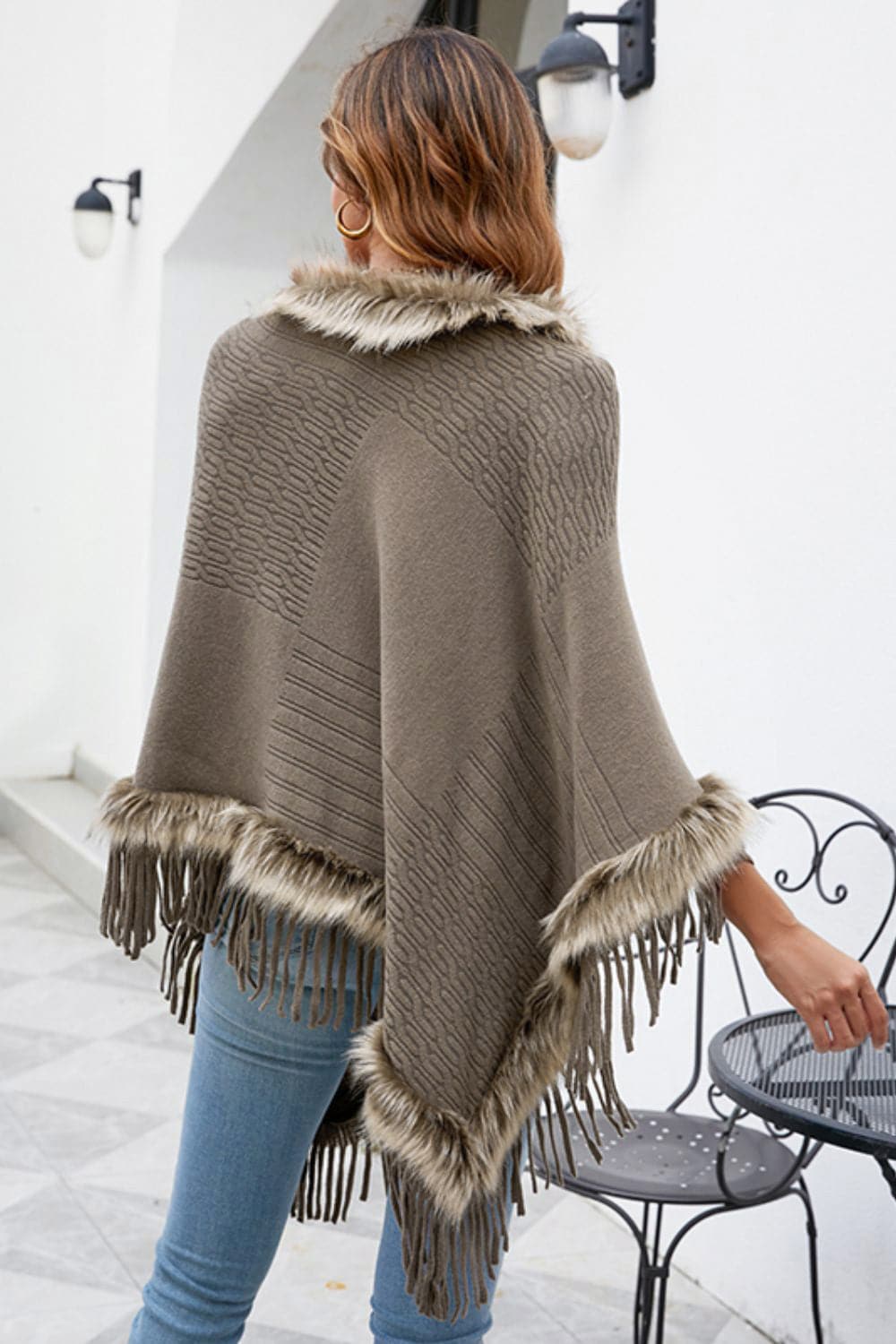 Faux Fur Trim Fringed Poncho.