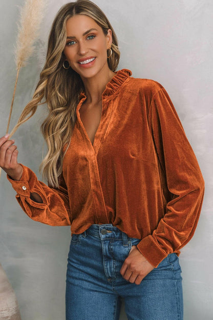 Notched Frill Detail Long Sleeve Blouse.