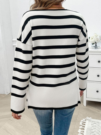 Striped V-Neck Long Sleeve Knit Top.