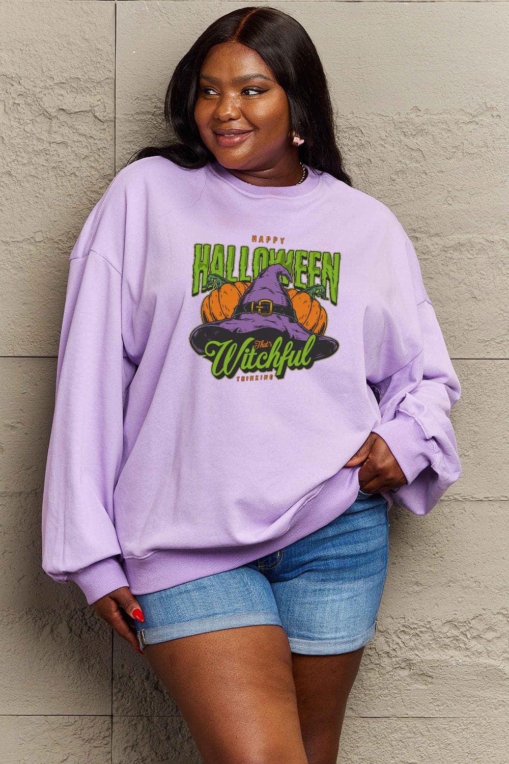 Simply Love Full Size Witch Hat Graphic Sweatshirt.