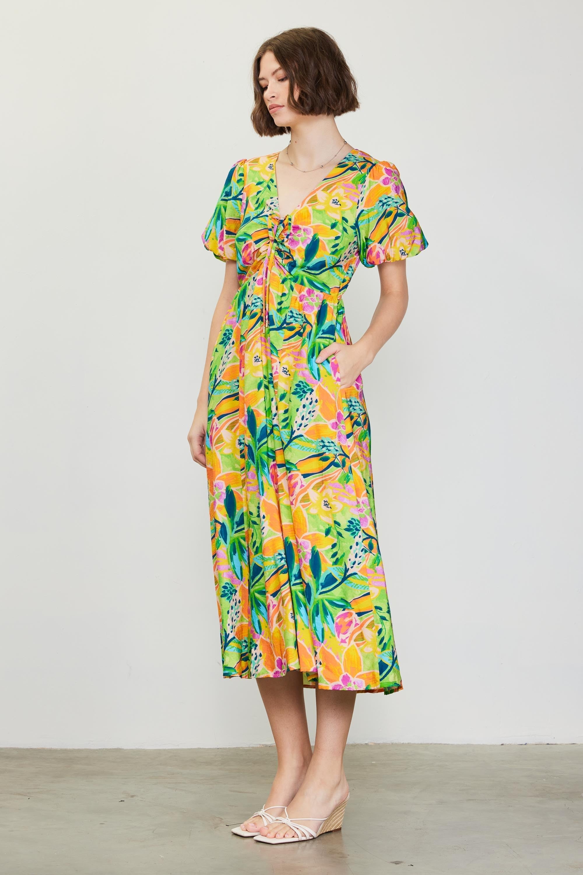 Lime Floral Puff Sleeve Midi Dress PinkBlush