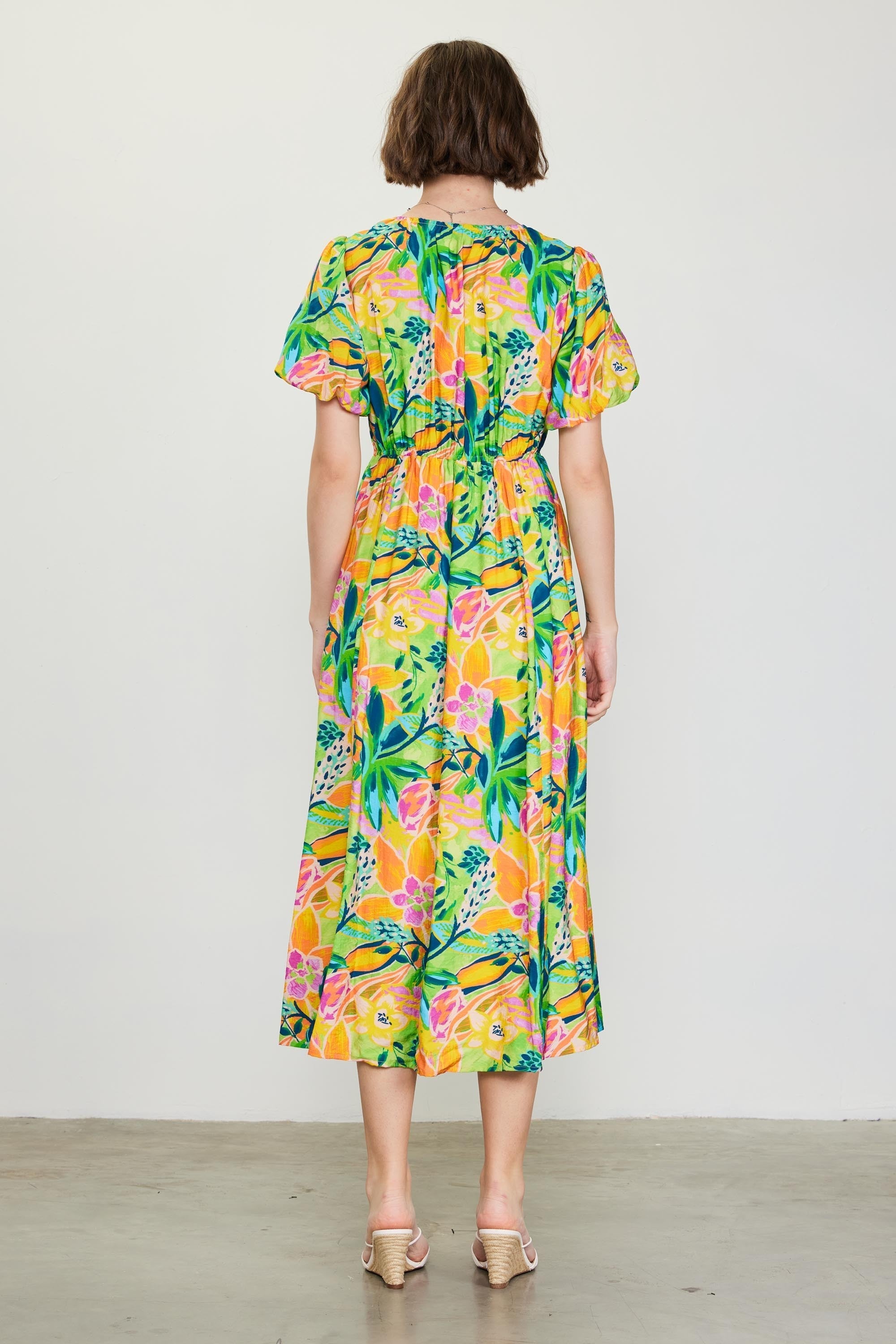 Lime Floral Puff Sleeve Midi Dress PinkBlush