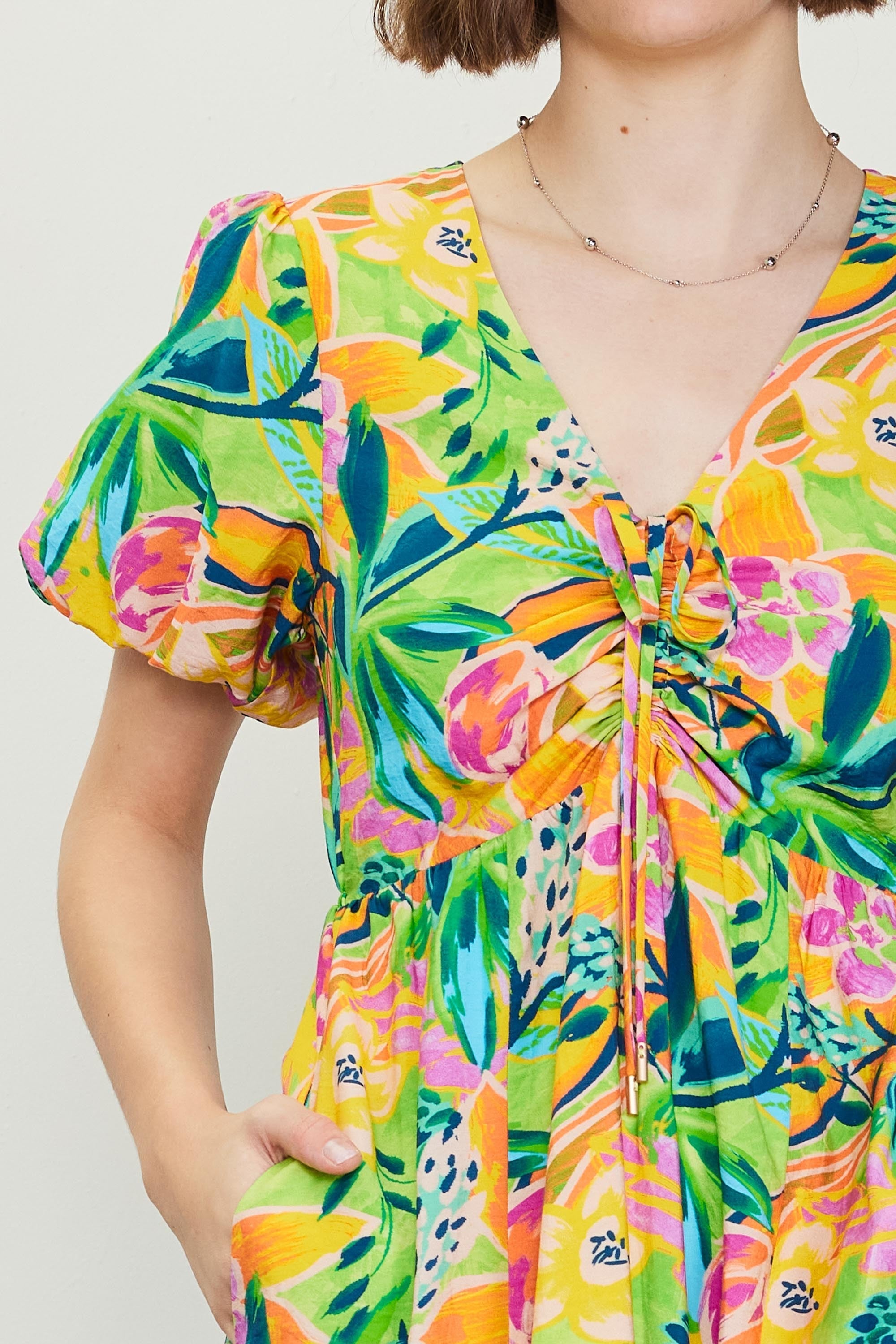 Lime Floral Puff Sleeve Midi Dress PinkBlush