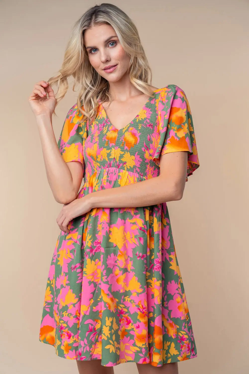 Olive Leaf Print Smocked V-Neck Dress PinkBlush