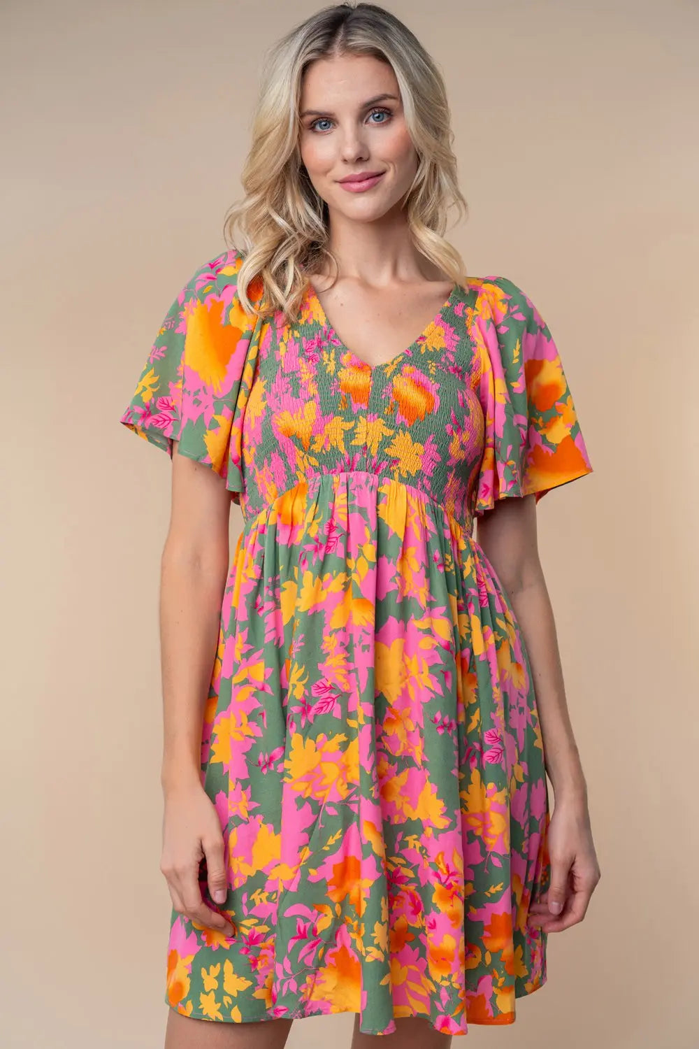 Olive Leaf Print Smocked V-Neck Dress PinkBlush
