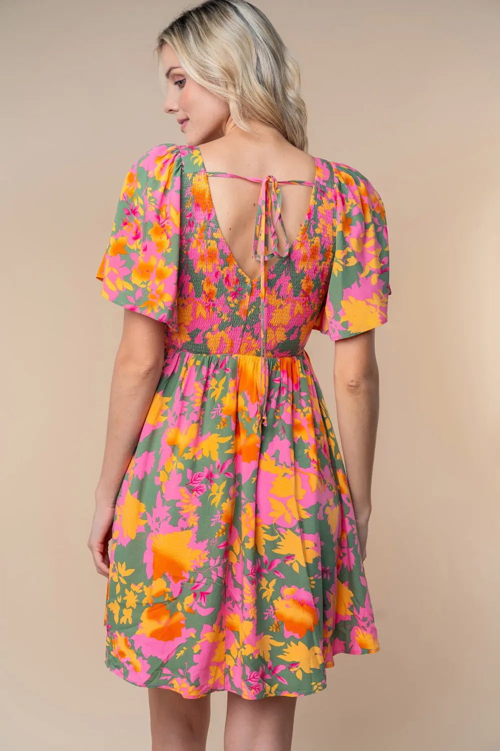 Olive Leaf Print Smocked V-Neck Dress PinkBlush