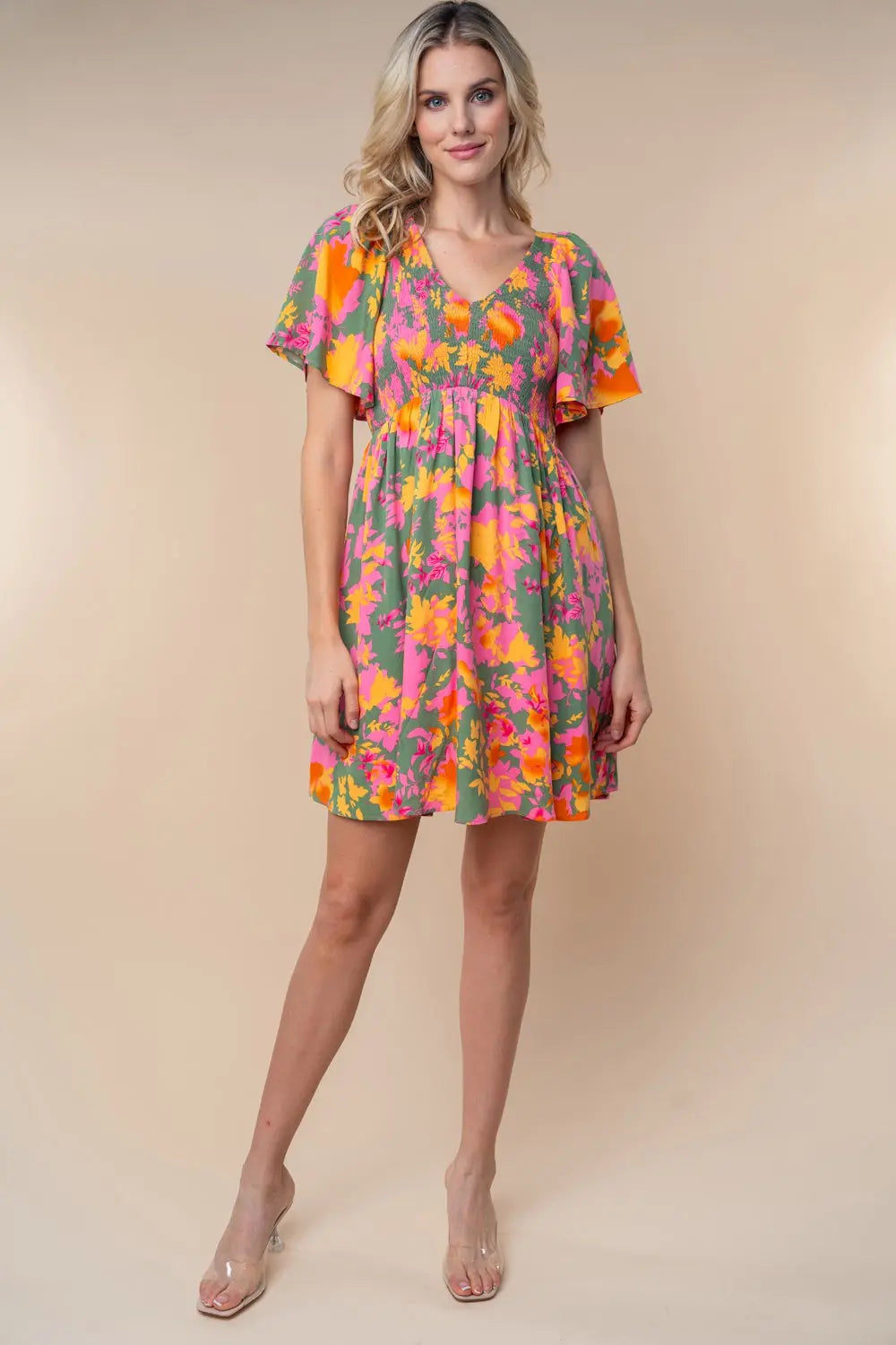 Olive Leaf Print Smocked V-Neck Dress PinkBlush