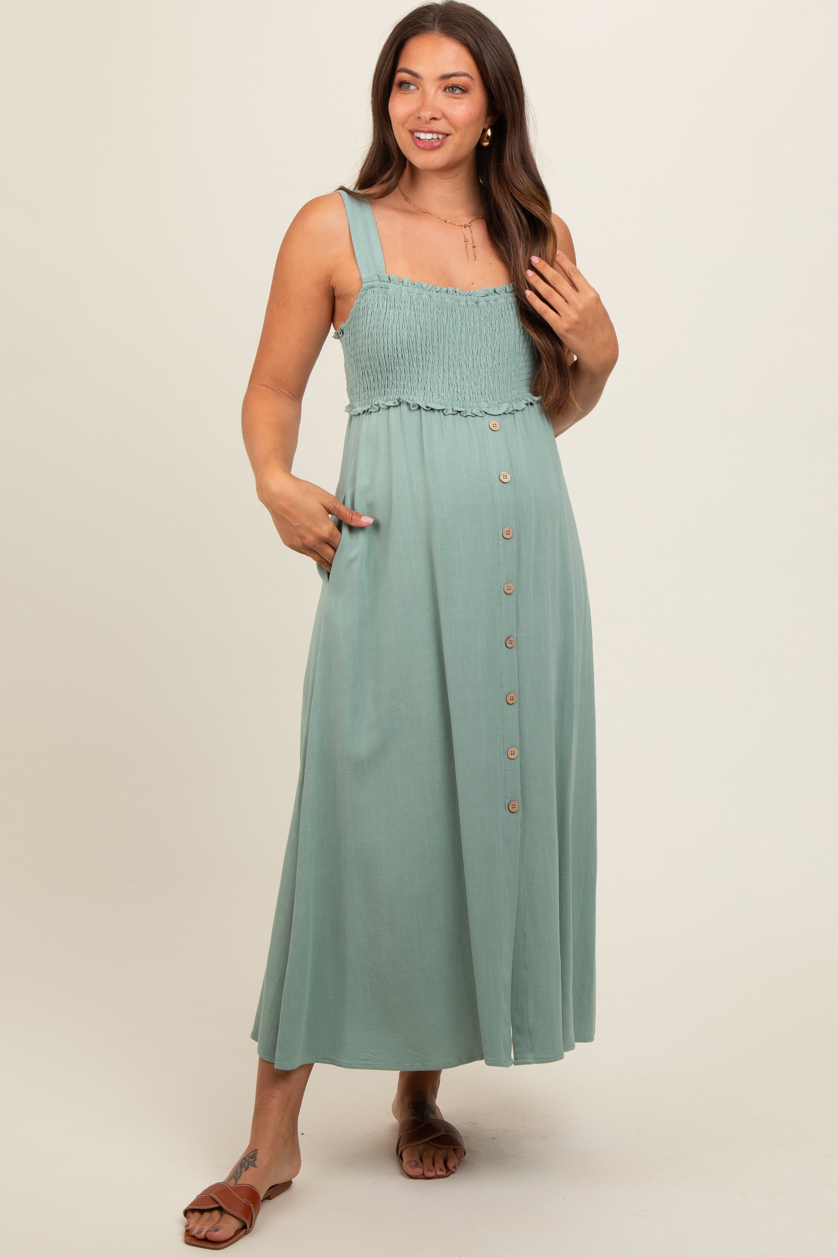 Light Olive Button Down Smocked Maternity Dress PinkBlush