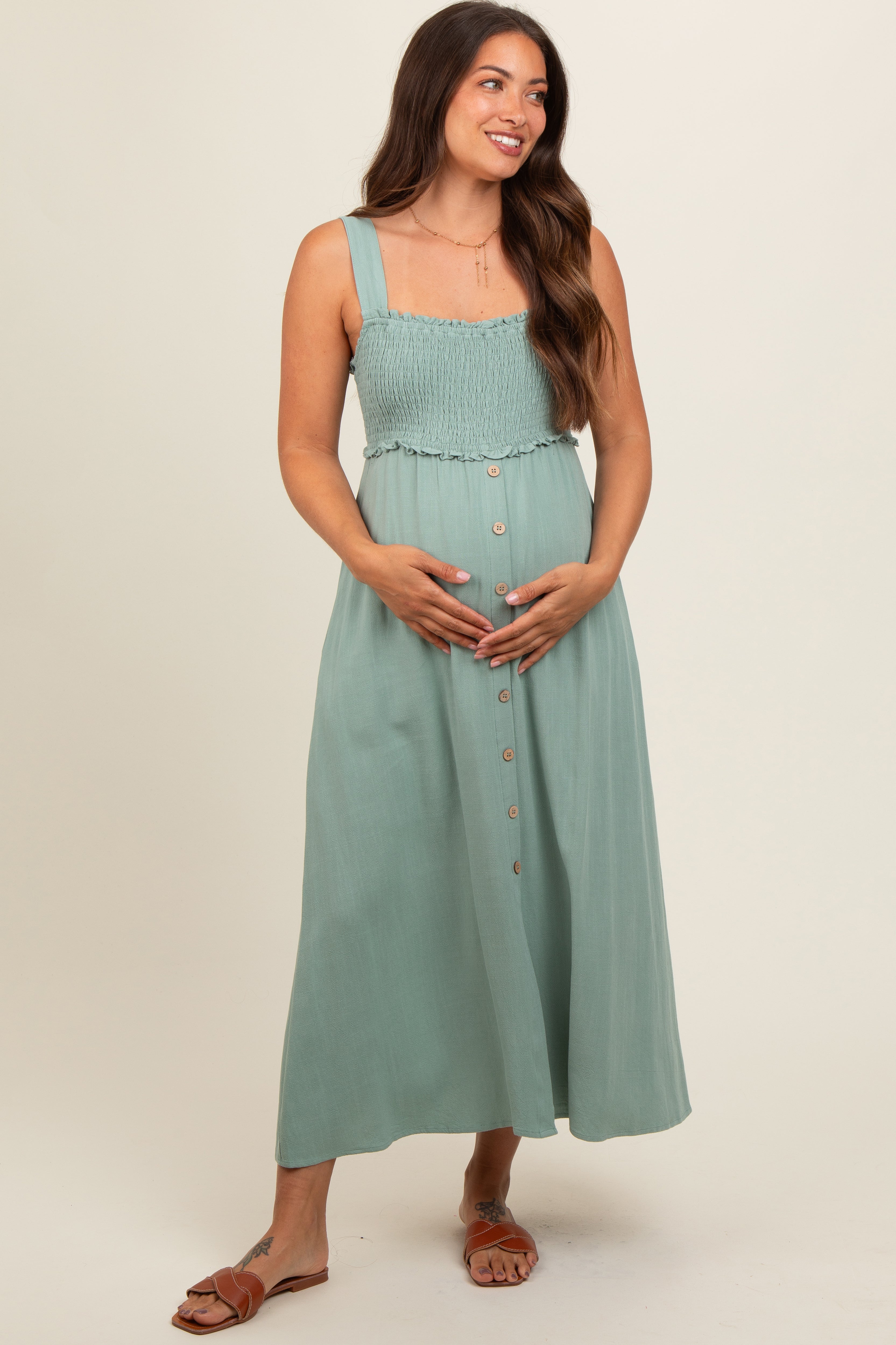 Light Olive Button Down Smocked Maternity Dress PinkBlush