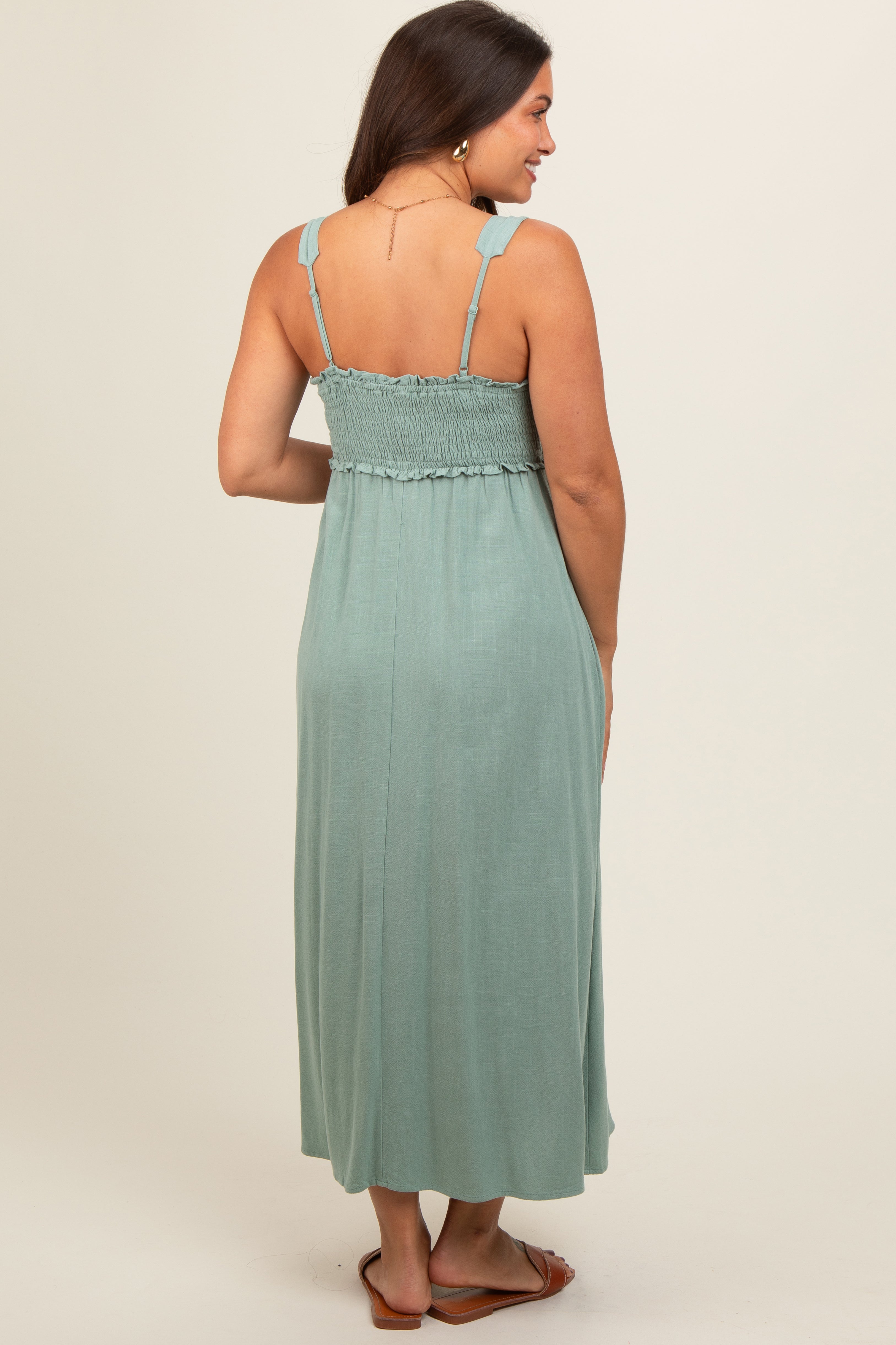 Light Olive Button Down Smocked Maternity Dress PinkBlush