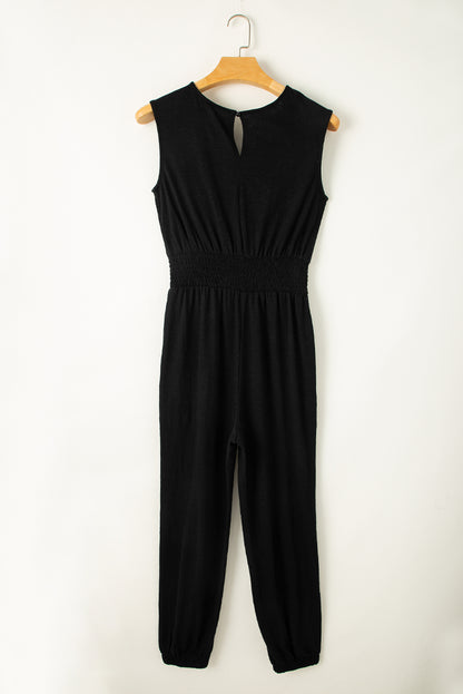 Black Shirred High Waist Sleeveless V Neck Jumpsuit