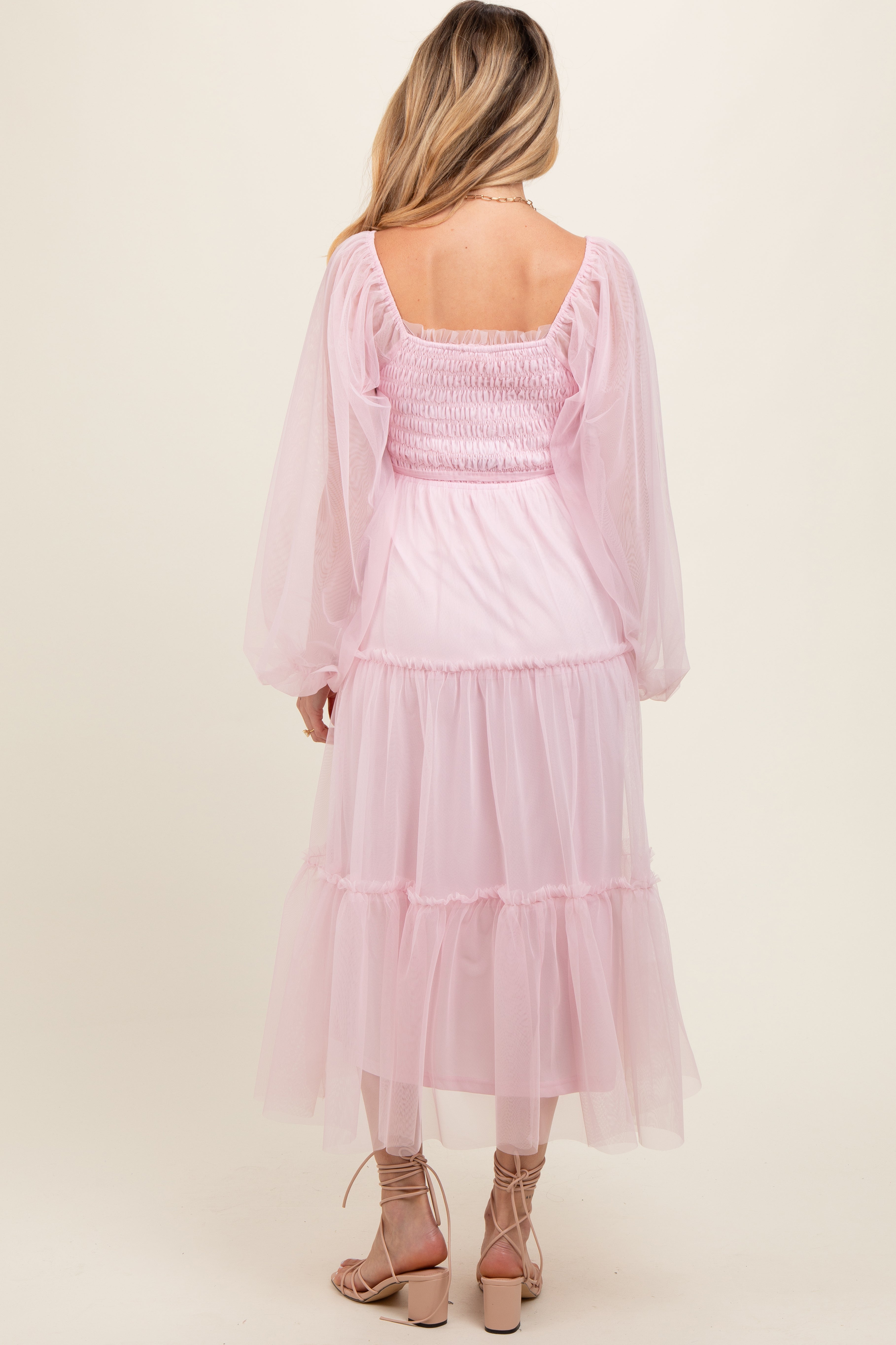 PinkBlush Pink Mesh Tiered Long Sleeve Maternity Maxi Dress - Close Up