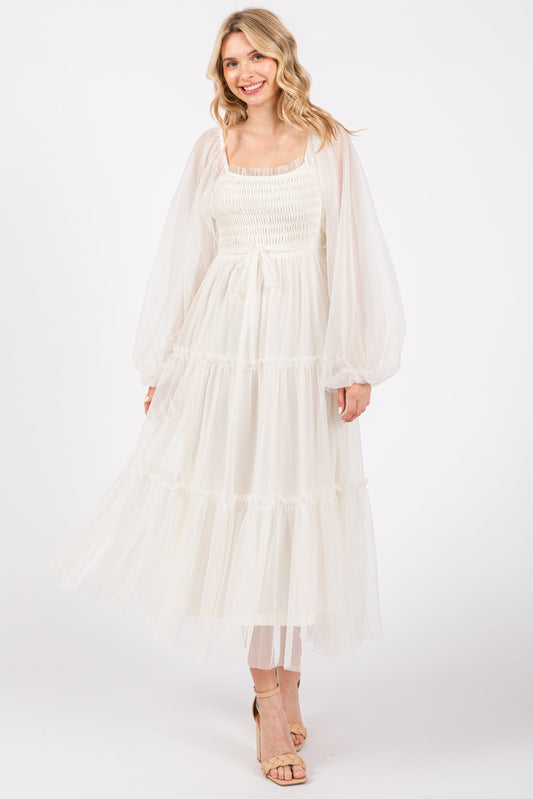 PinkBlush Cream Mesh Tiered Long Sleeve Maxi Dress, full view, showcasing its elegant flowing design and delicate mesh fabric