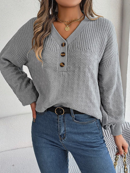 Chic half-button v-neck long sleeve knit pullover