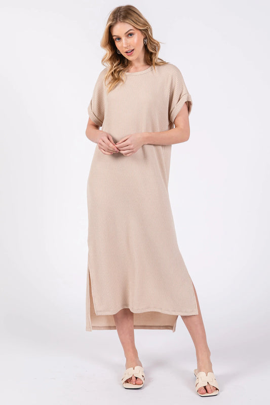 Beige Ribbed Short Sleeve Midi Dress PinkBlush
