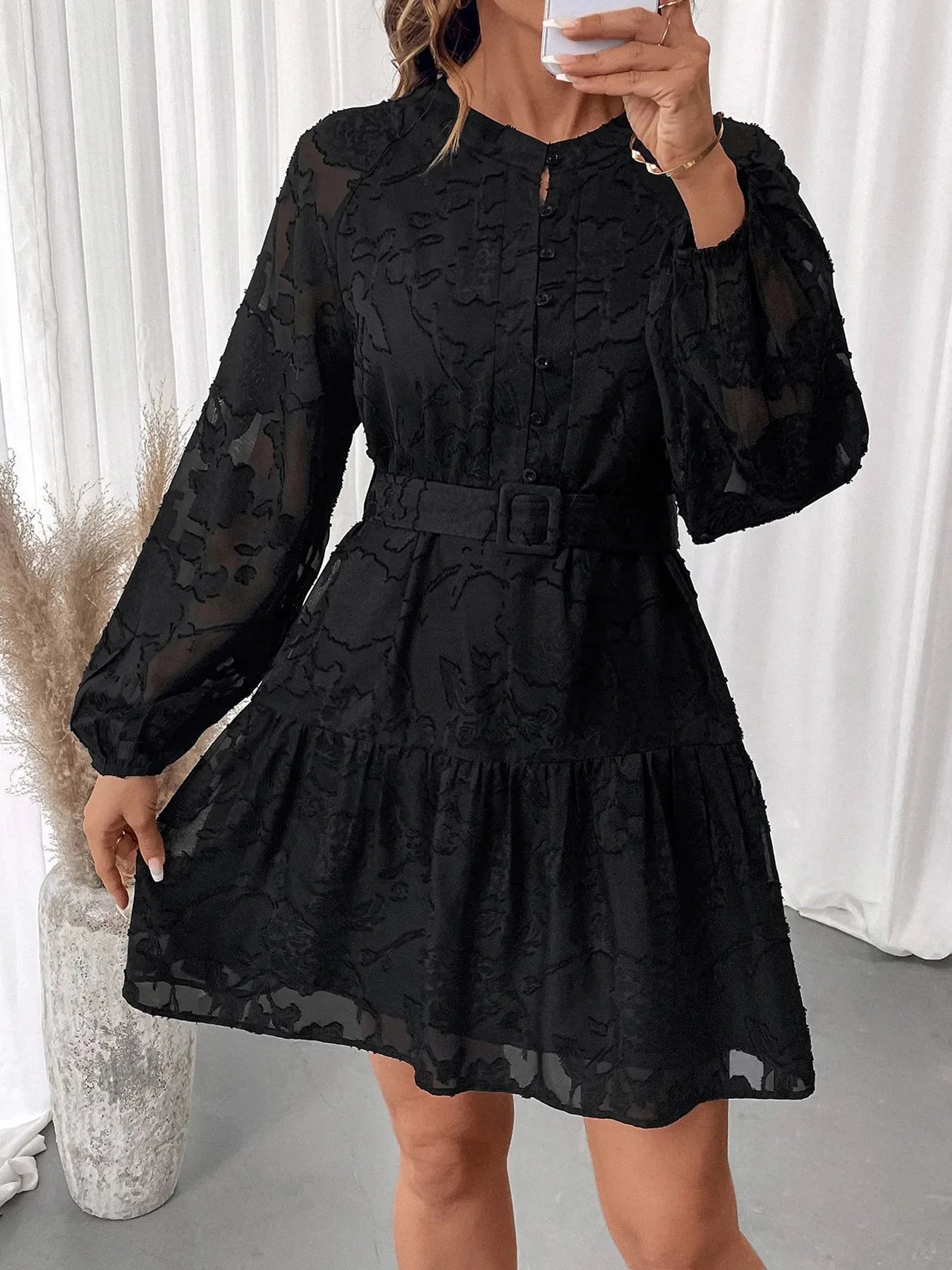 Button-Front Balloon Sleeve Mini Dress Coco’s Tee Boutique