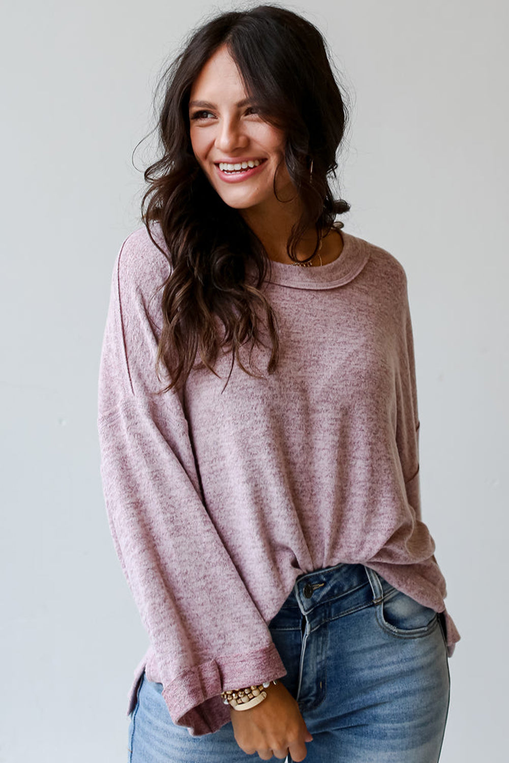 Chic orchid petal drop shoulder long sleeve tee with exposed seams