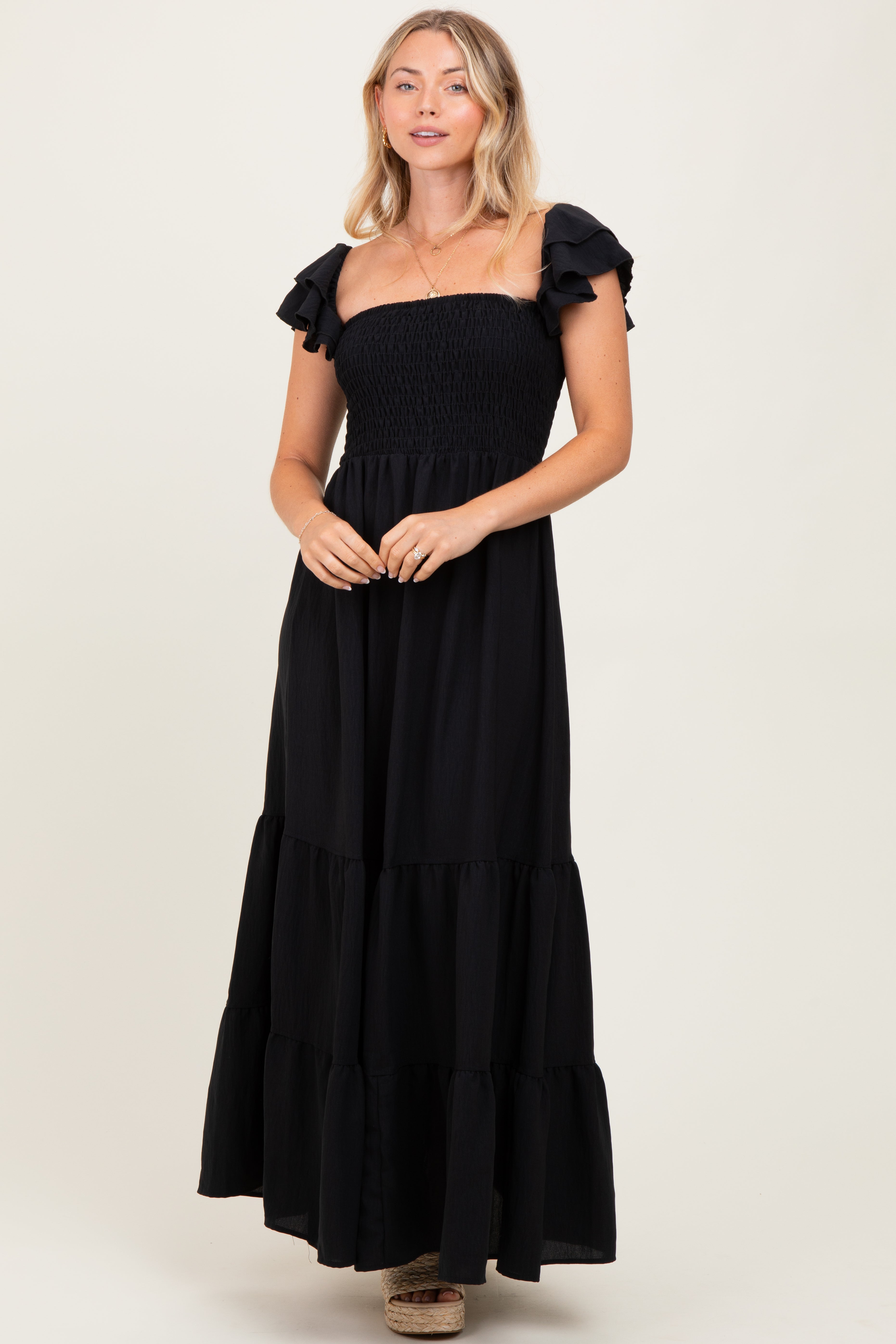 PinkBlush Black Smocked Ruffle Off Shoulder Tiered Maternity Maxi Dress - Side View