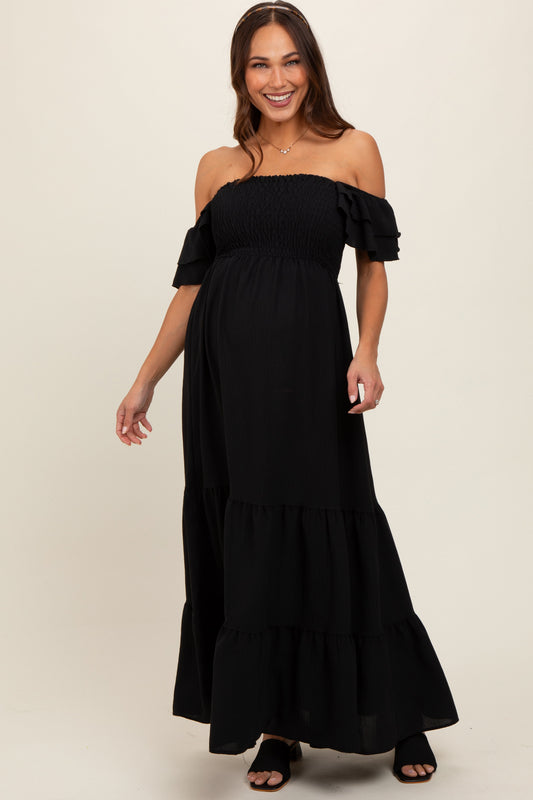 PinkBlush Black Smocked Ruffle Off Shoulder Tiered Maternity Maxi Dress - Main Product Image
