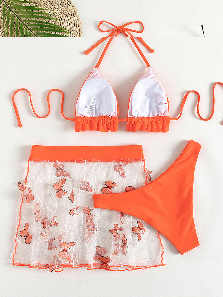 Orange Bikini Set Triangle 3 Piece Swimsuit Women Ruffle Bathing Suits Swimwear Bella Mia