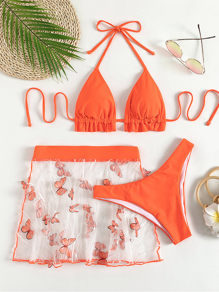Orange Bikini Set Triangle 3 Piece Swimsuit Women Ruffle Bathing Suits Swimwear Bella Mia