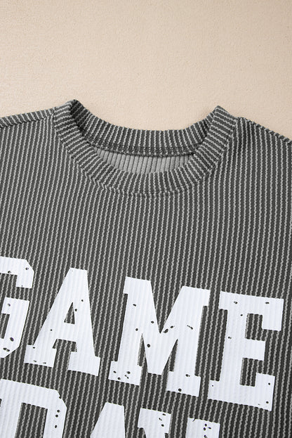 Game day ready: Dark grey corded graphic long sleeve crewneck top