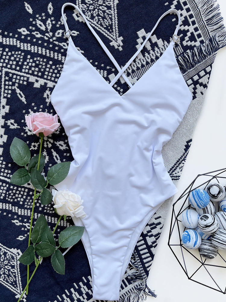 White V-Neck One Piece Swimsuit Women Sexy High Cut Bathing Suits Swimwear Bella Mia