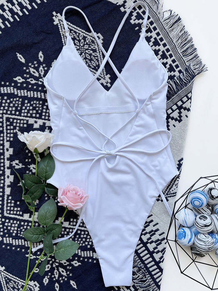 White V-Neck One Piece Swimsuit Women Sexy High Cut Bathing Suits Swimwear Bella Mia