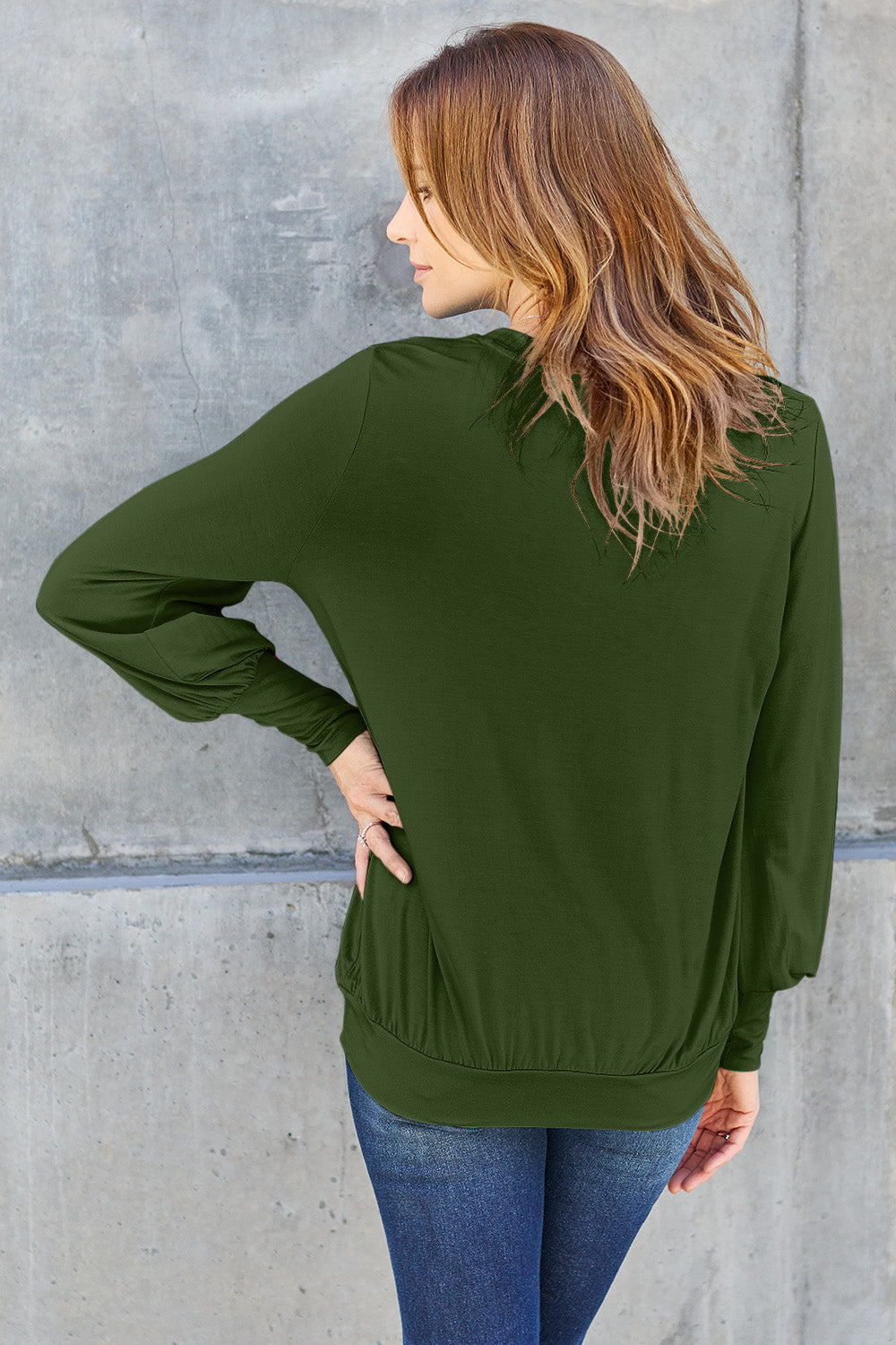 Basic Bae Full Size V-Neck Lantern Sleeve Top.