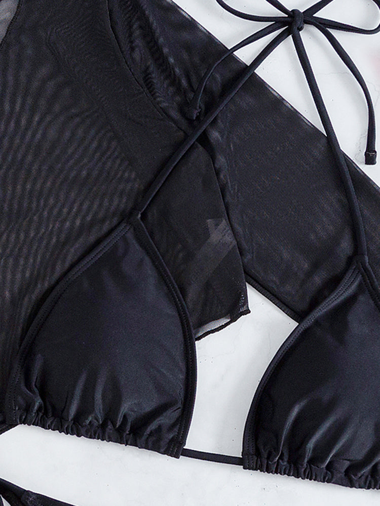 Halter Bikini Set Solid 3 Piece Swimsuit Women Long Sleeve Swimwear Bella Mia