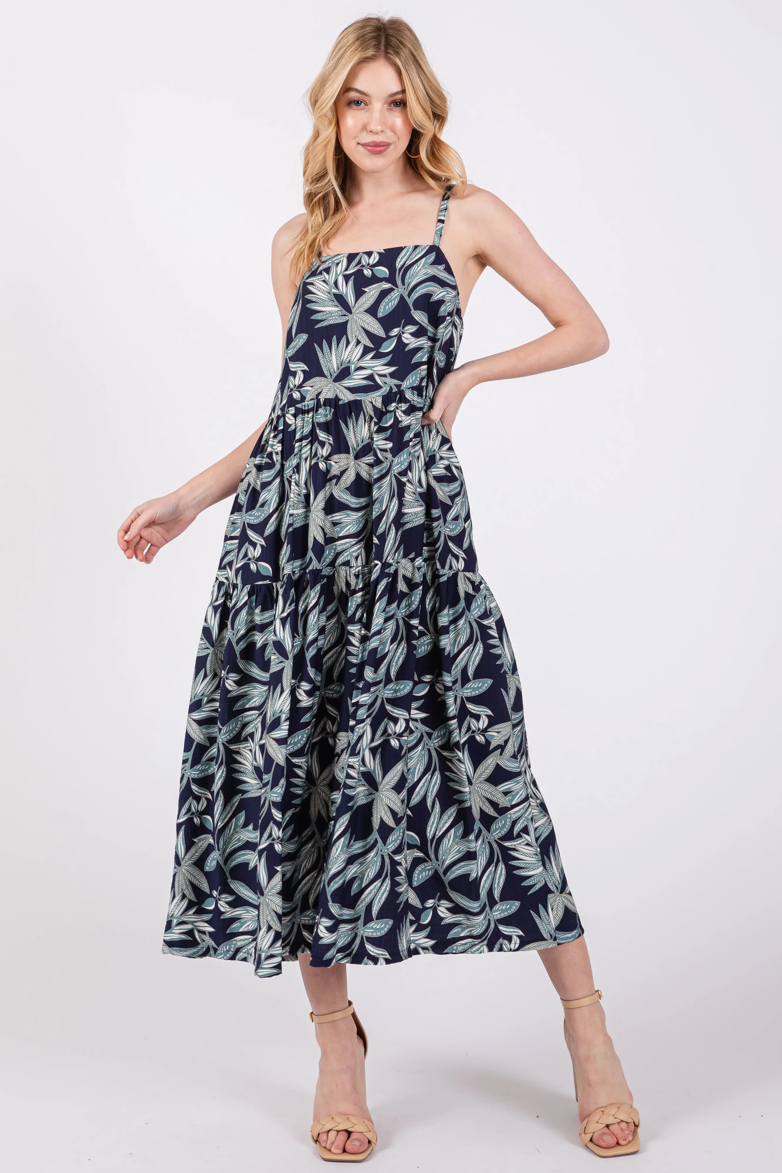 Navy Blue Leaf Print Square Neck Tiered Midi Dress PinkBlush