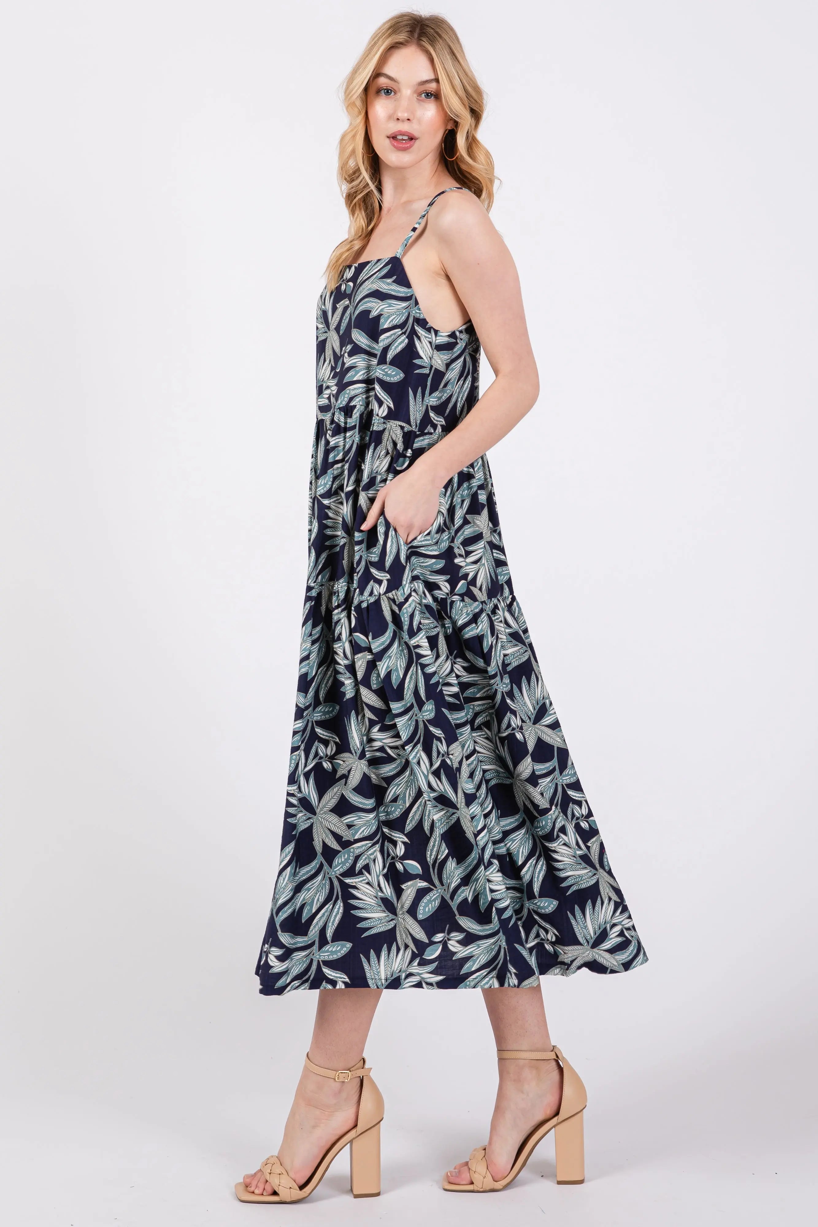 Navy Blue Leaf Print Square Neck Tiered Midi Dress PinkBlush