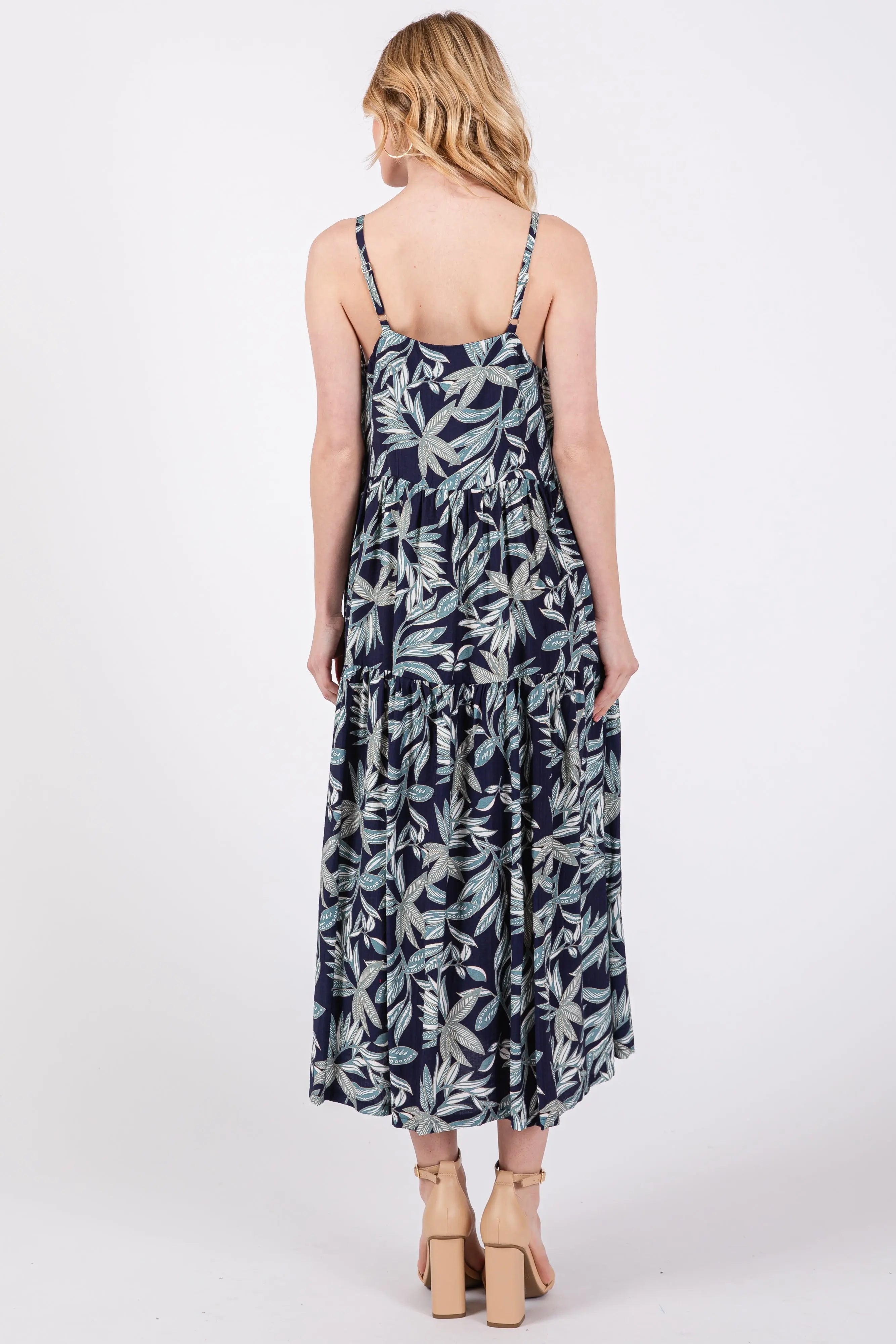 Navy Blue Leaf Print Square Neck Tiered Midi Dress PinkBlush